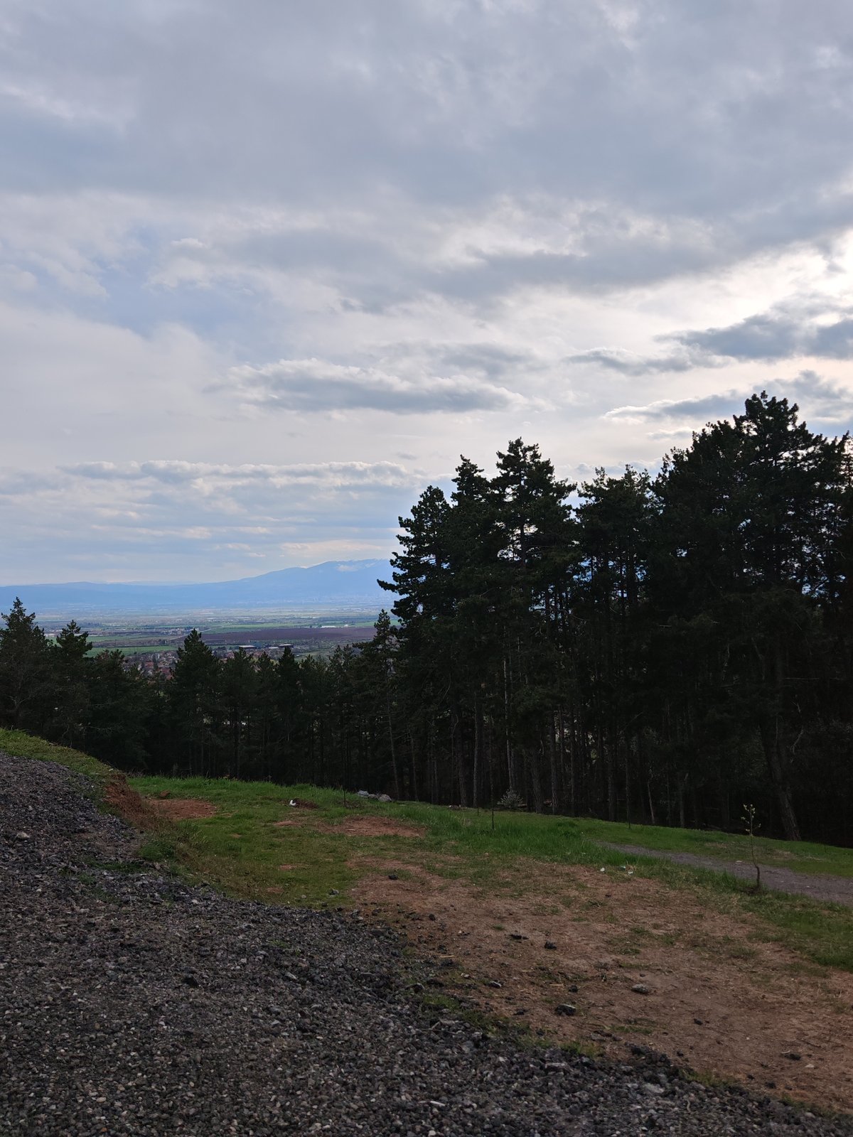 Elevated landscape view captured showing gravel slope and grass path