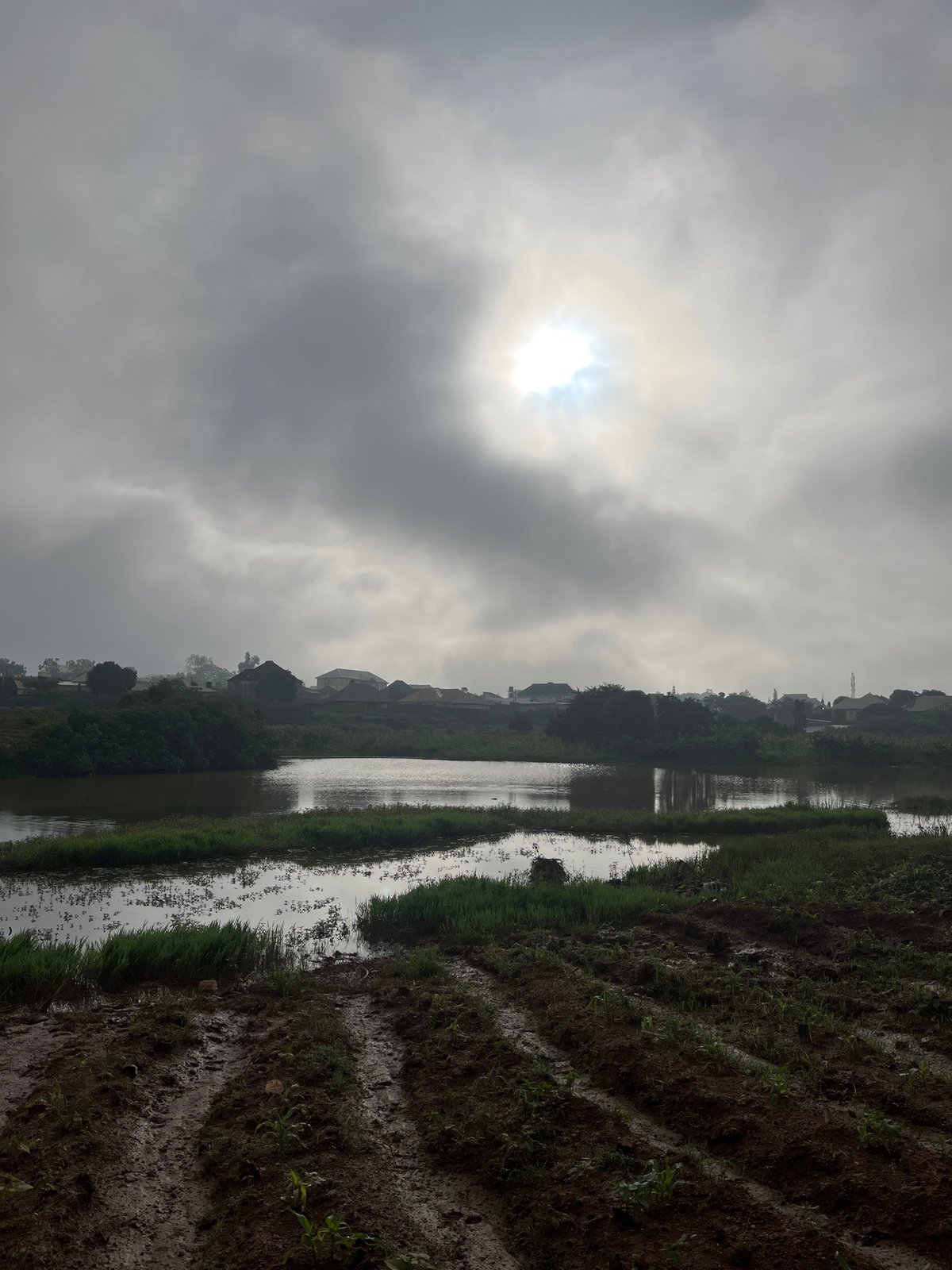 Rainy morning at a Jos pond, school kids on muddy roads