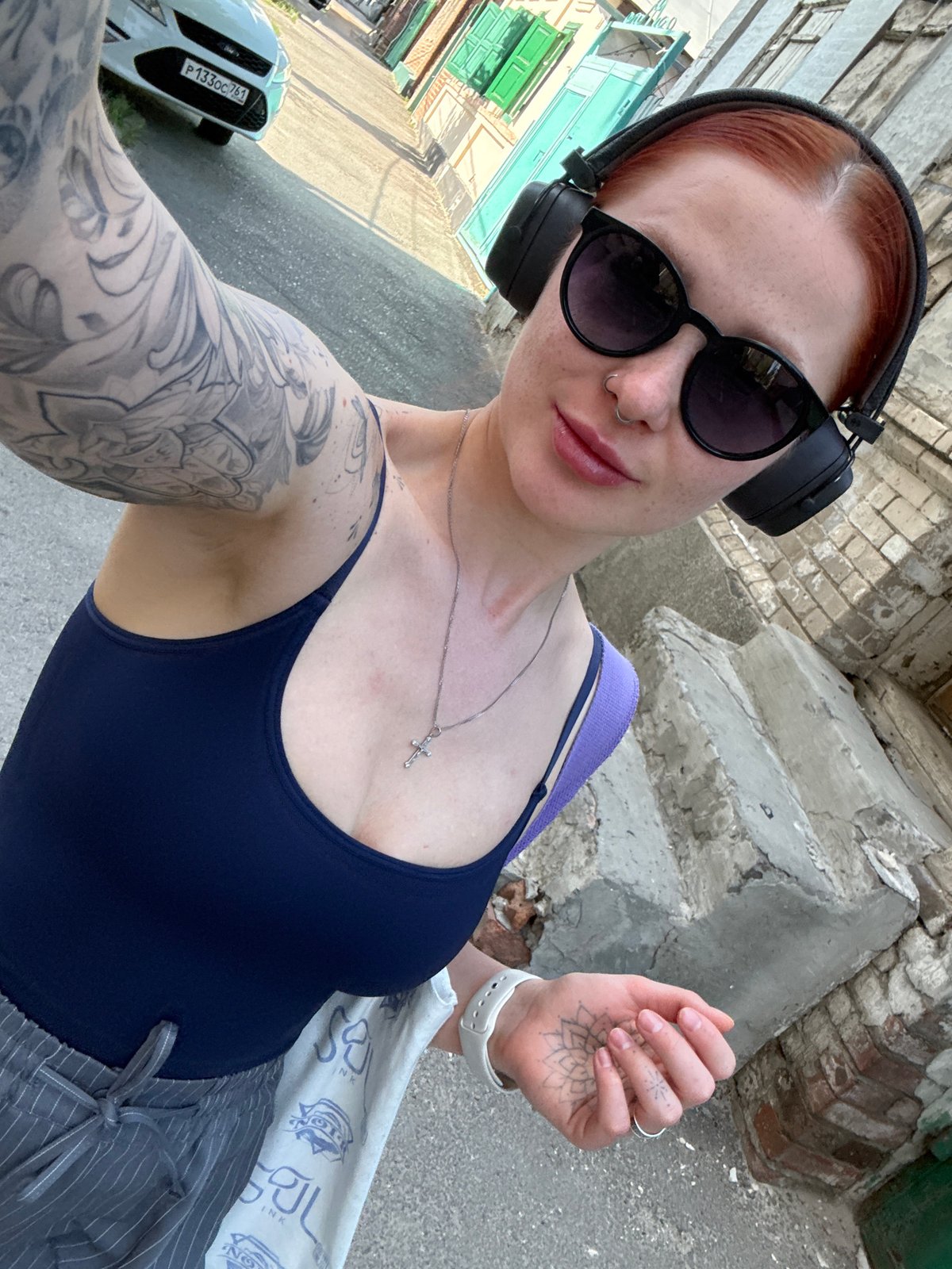 Woman takes selfies on street in Rostov-on-Don