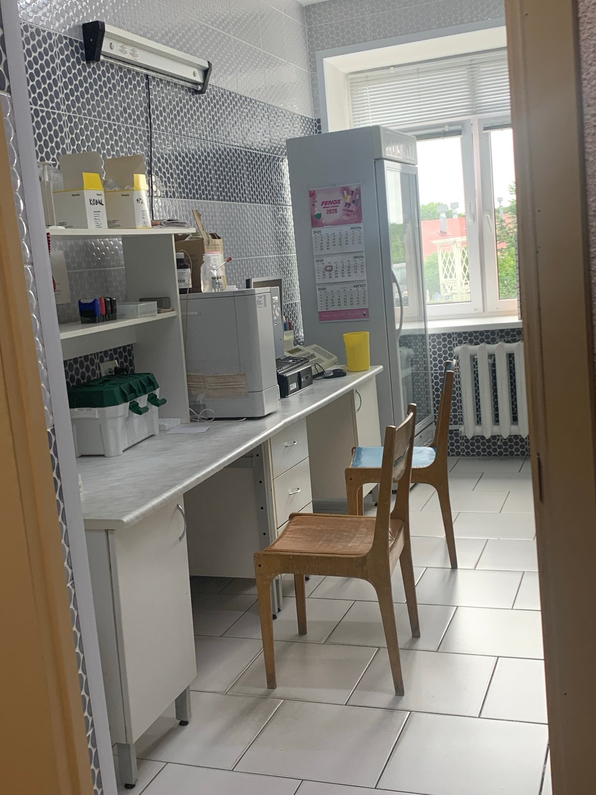 Inside and outside a public facility in Kapyĺ, Belarus