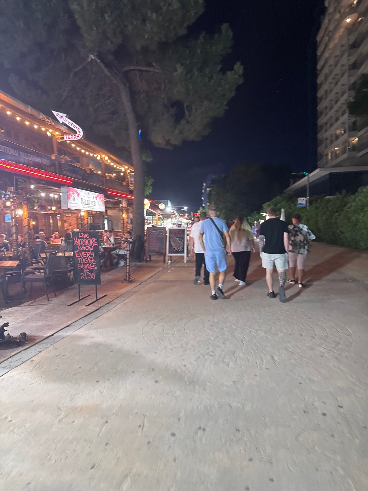 Nesebar's nightlife strip on a Saturday evening