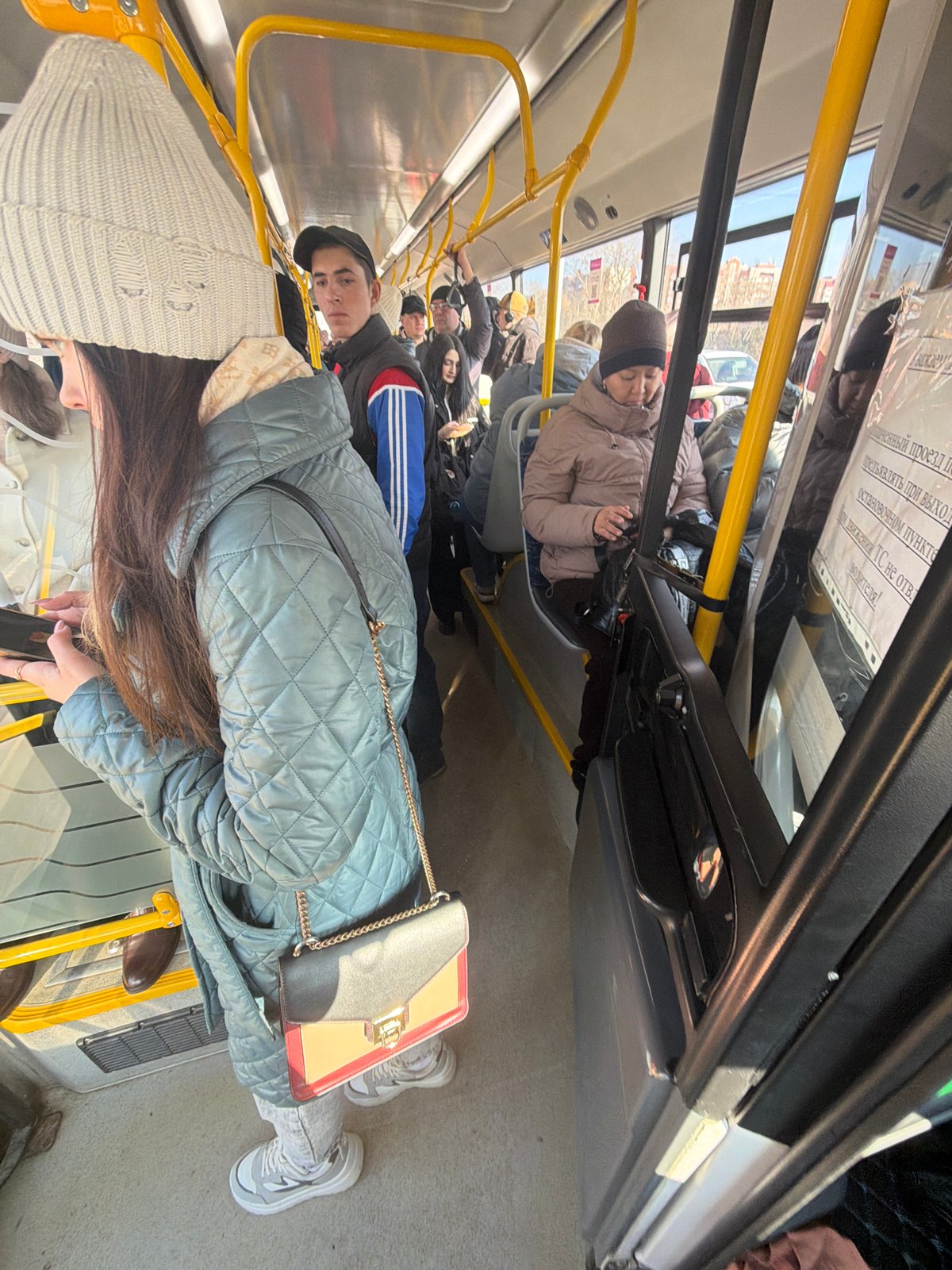 Woman in winter clothing observed on Krasnoyarsk city bus