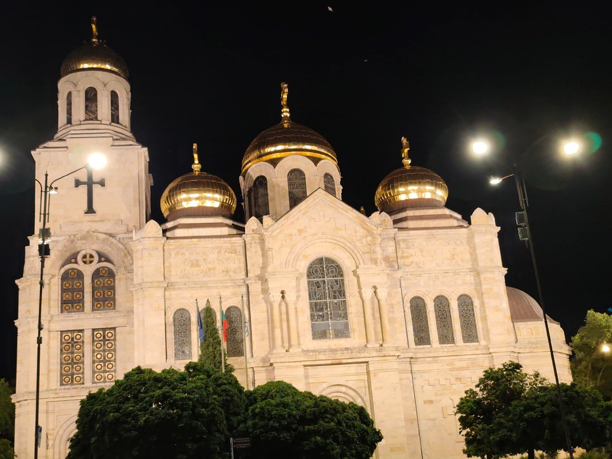 Varna's Orthodox cathedral glowing under night lights