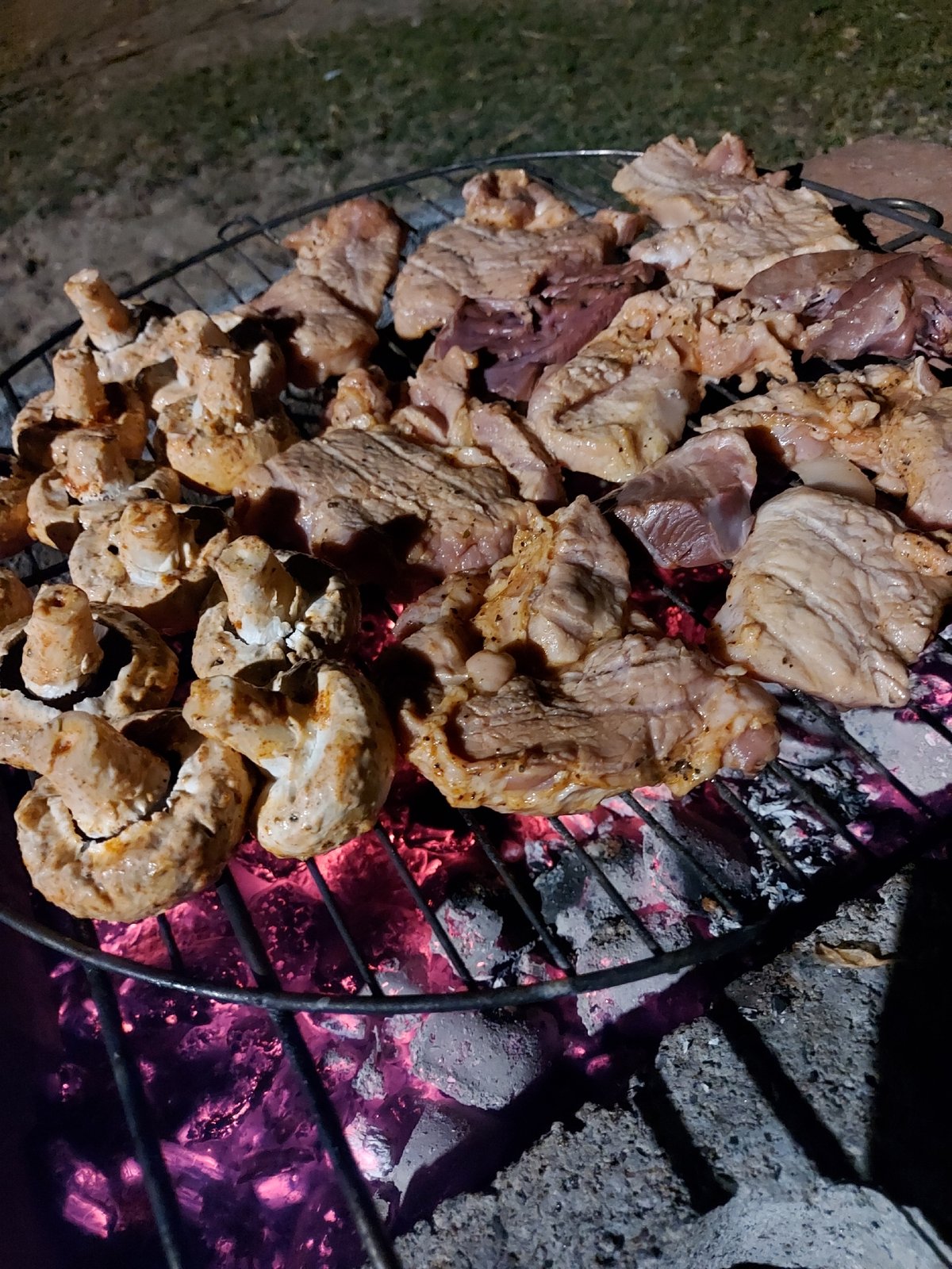Meat and mushrooms grilling over open fire at night