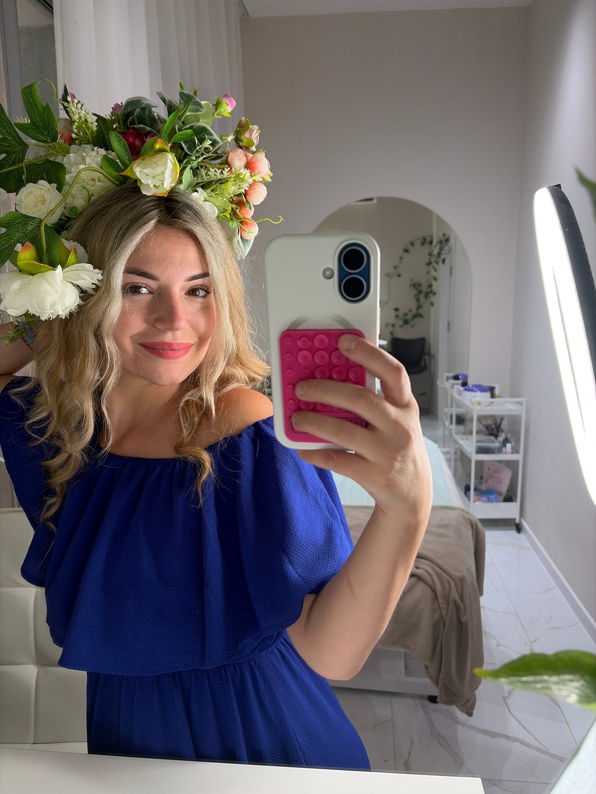 Flower crown, blue dress, and ice cream in Budva