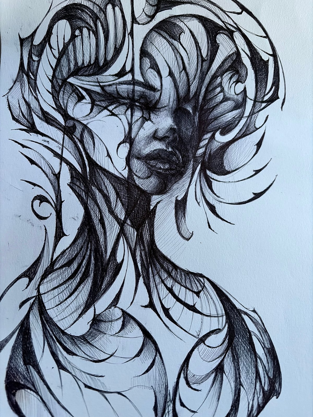 Abstract black and white drawing with cross-hatched shading documented