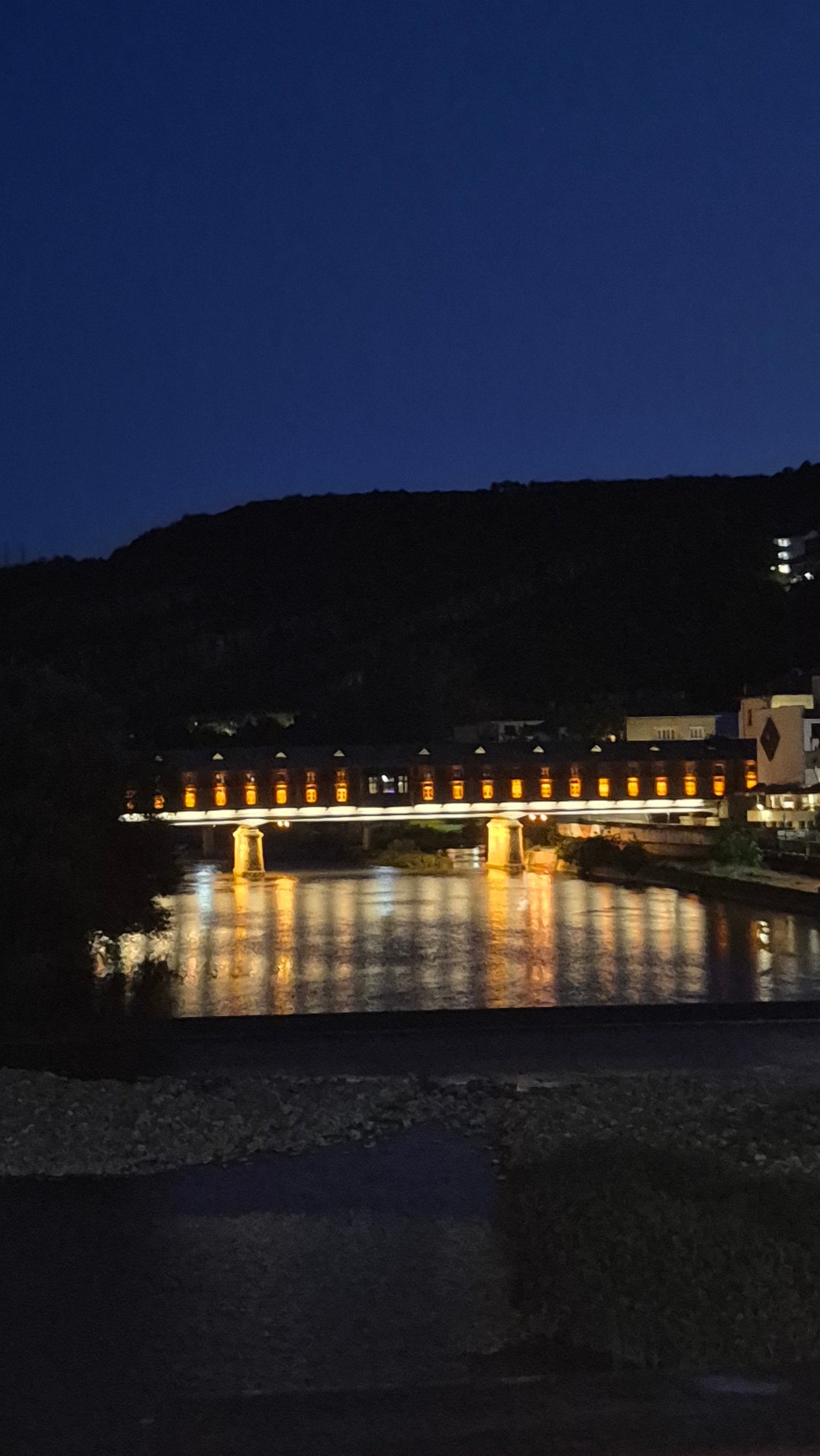 Evening on Lovech's illuminated covered bridge over the Osam River