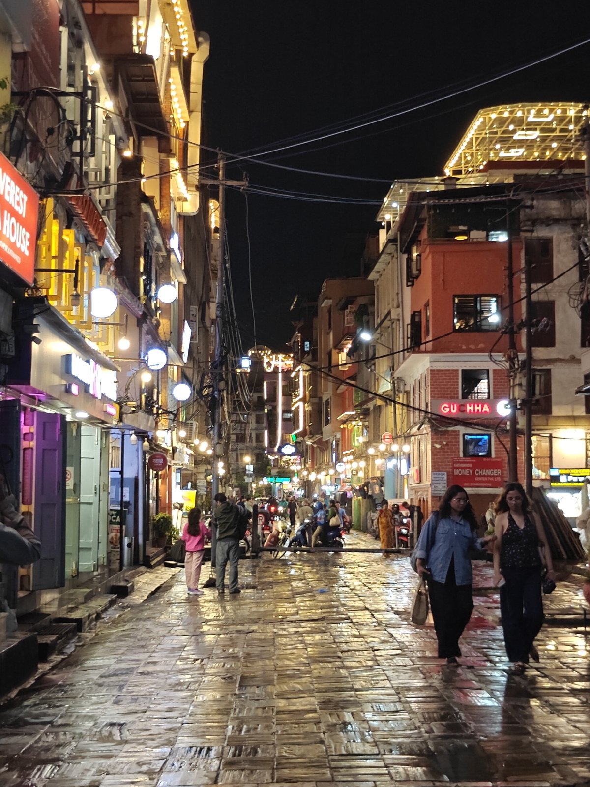 Thamel night streets lead to pizza and coffee in Kathmandu