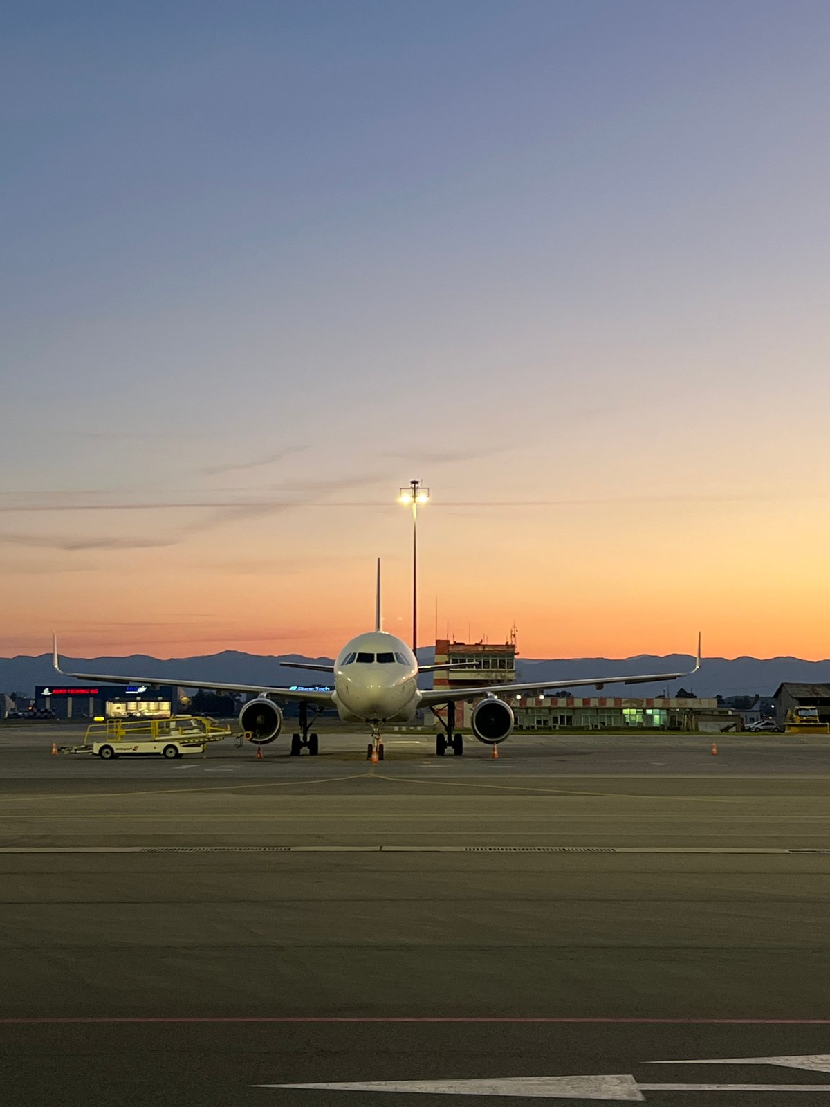 Evening airport operations captured at Sofia Airport, Bulgaria