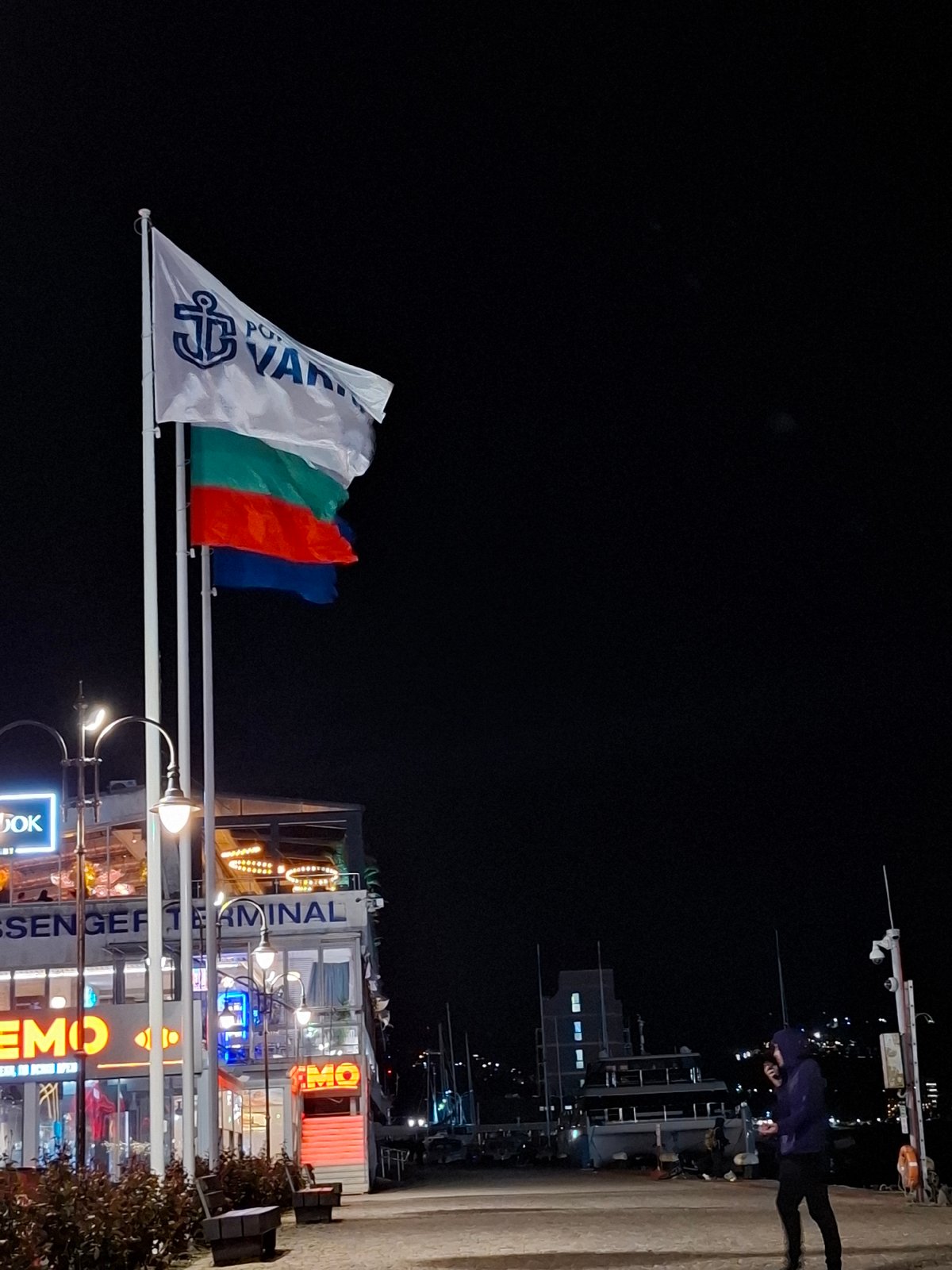 Nighttime scenes captured at Varna waterfront and Sea Garden