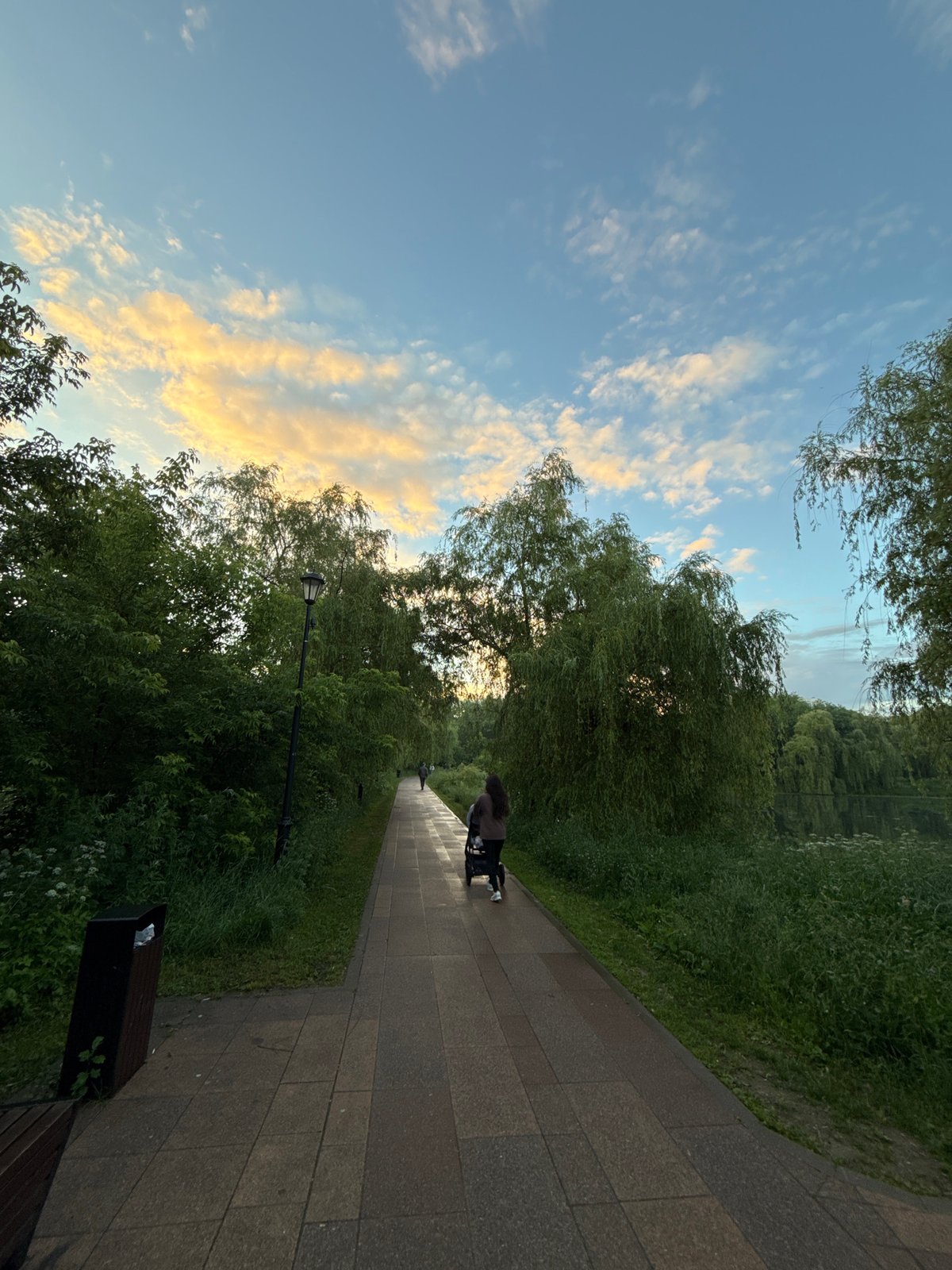 Evening stroll through a Moscow park at golden hour