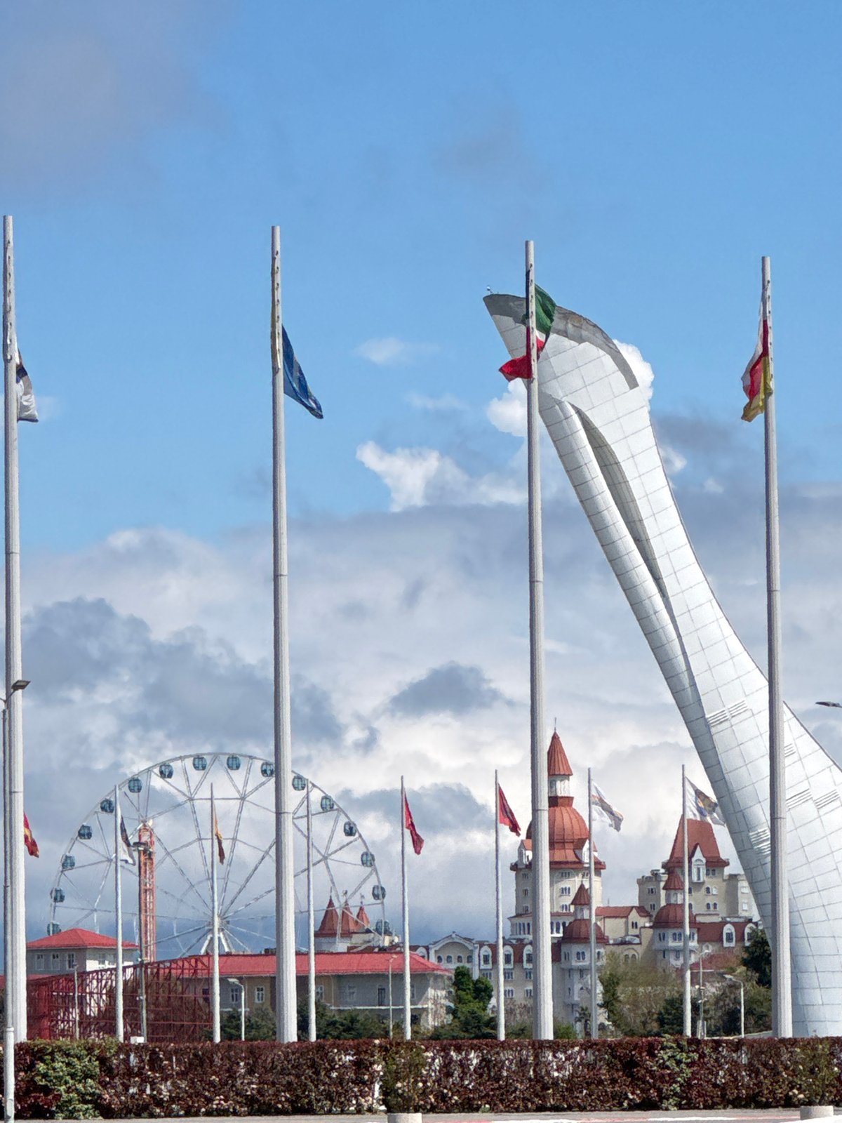 Flagpoles and social media content documented in Sirius, Russia