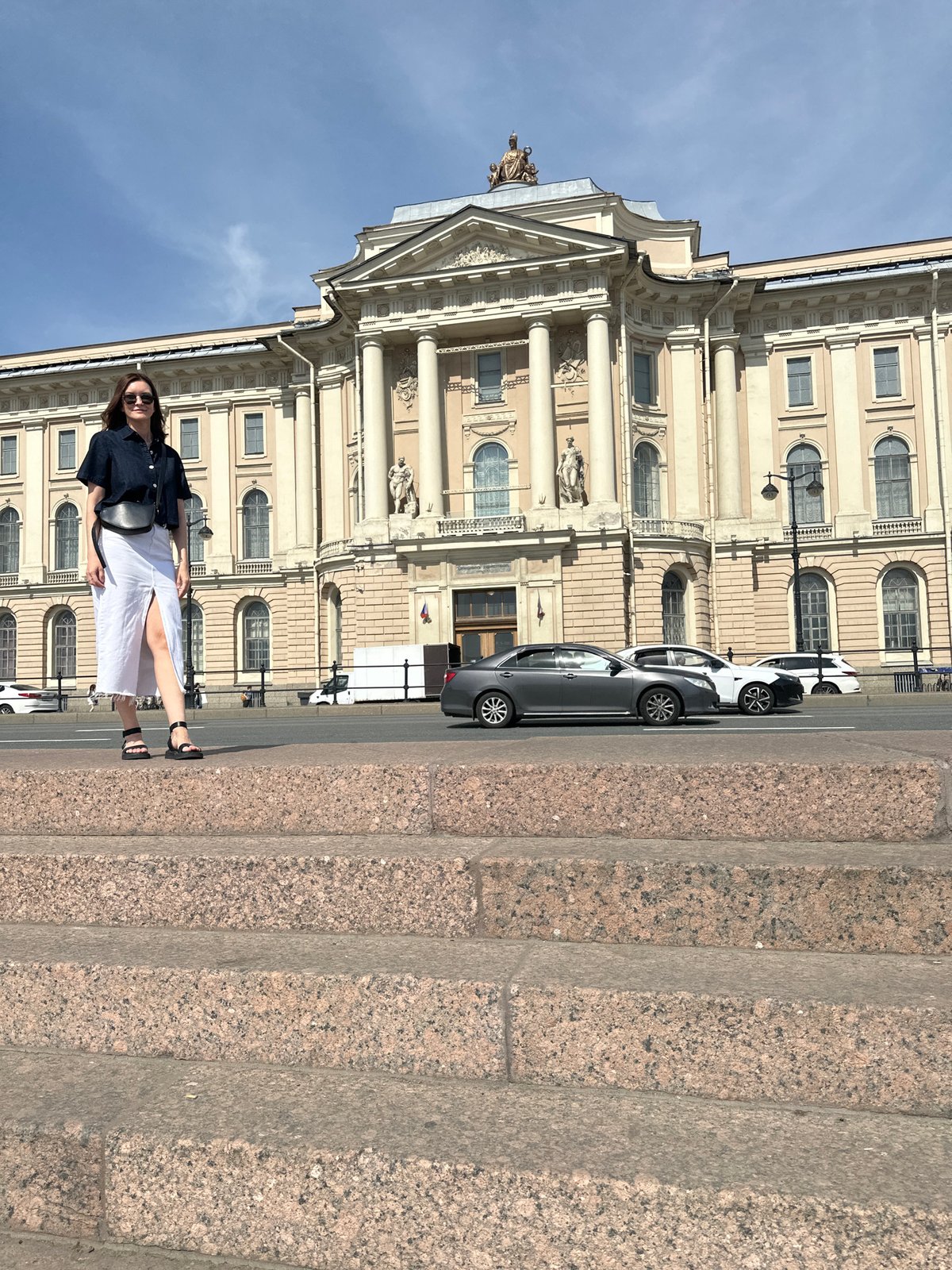 Morning scenes documented along Saint Petersburg's historic waterfront embankment