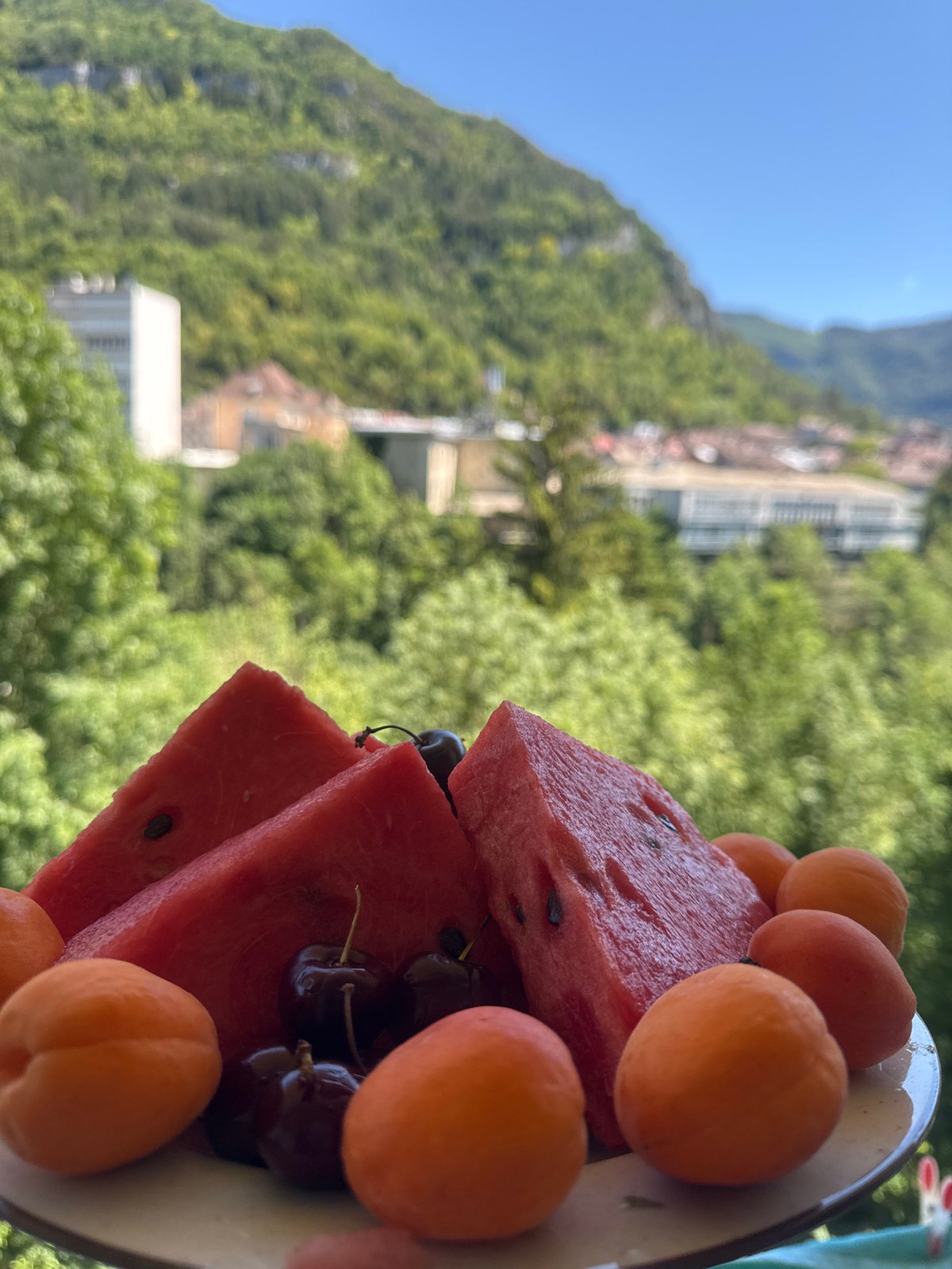Summer fruit plate with Saint-Claude hillside town behind it
