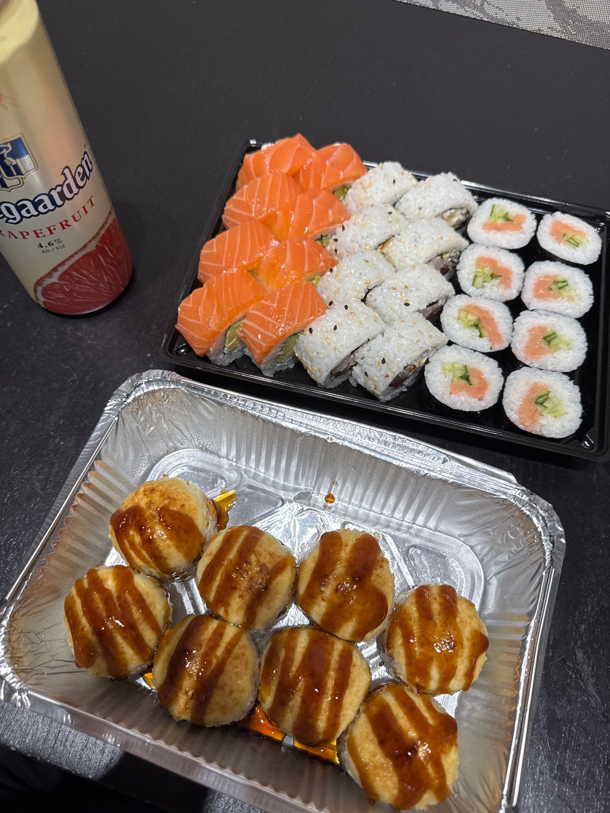 Woman enjoys sushi takeaway meal in Perm, Russia