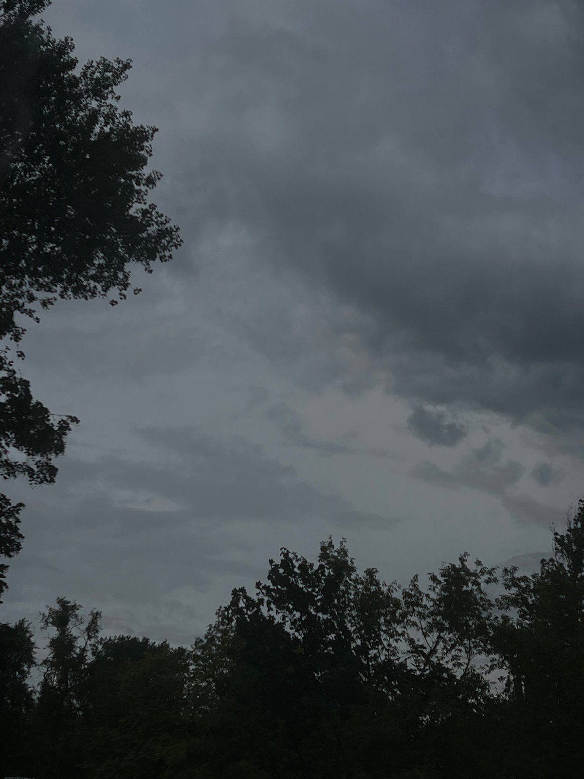 Storm clouds gather over a Warsaw park on a grey morning.