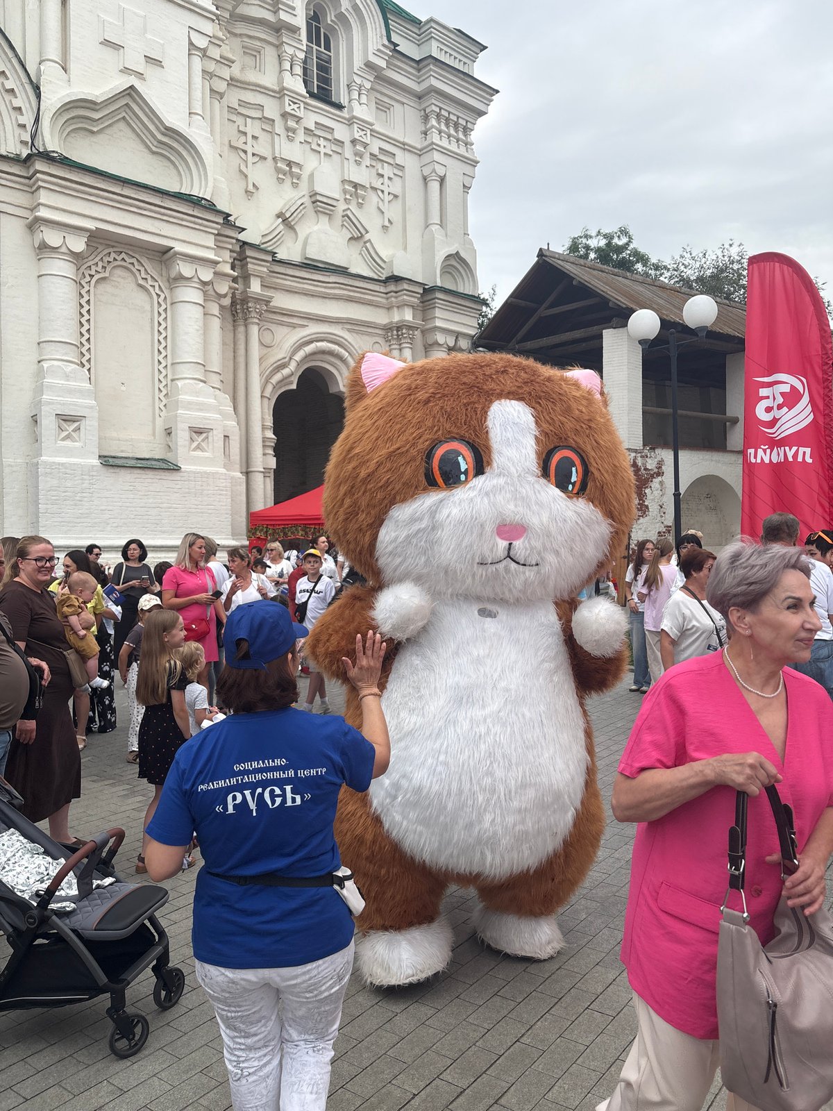Festive street fair in Astrakhan with mascots and daisy installations