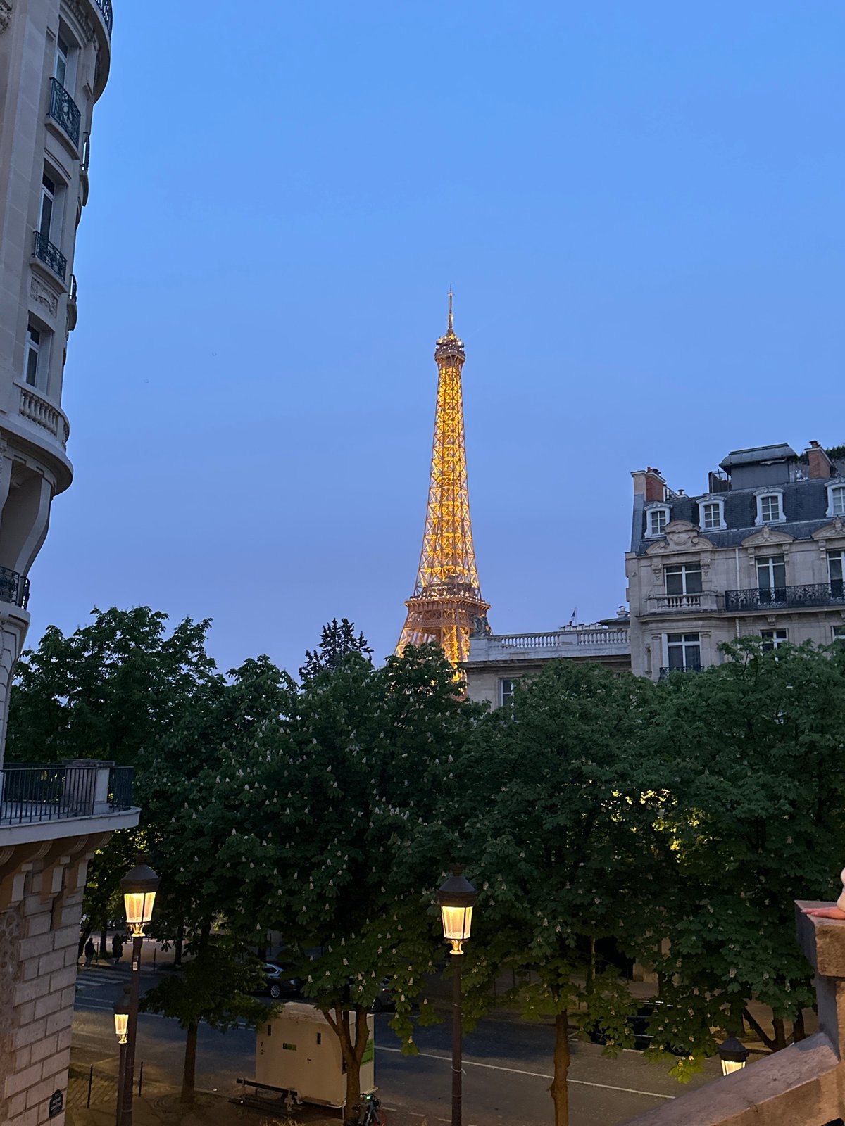 Eiffel Tower illuminated at dusk in Paris