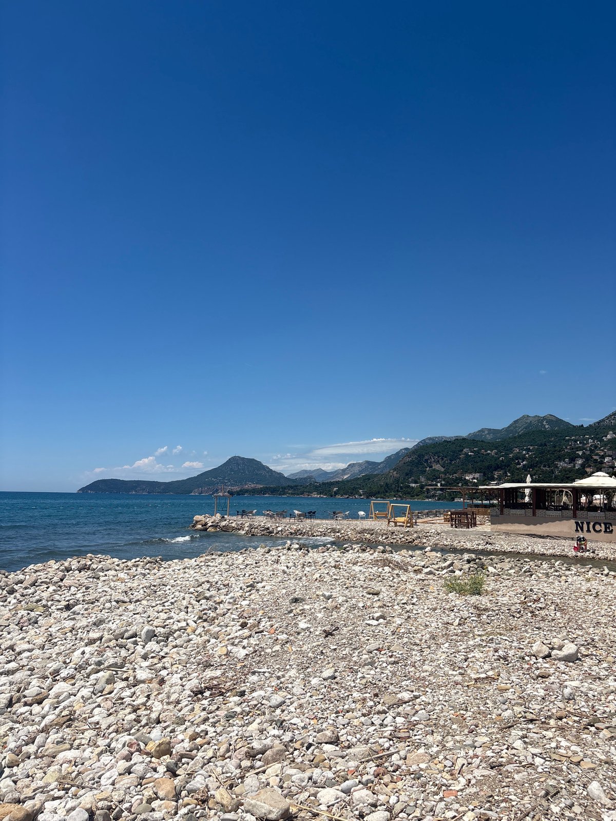 Sunny morning on Bar's Adriatic pebble beaches and waterfront