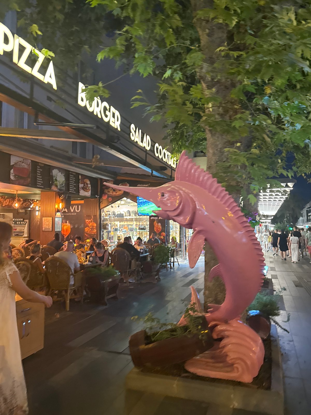 Kemer's tourist strip at night, shops and street scenes