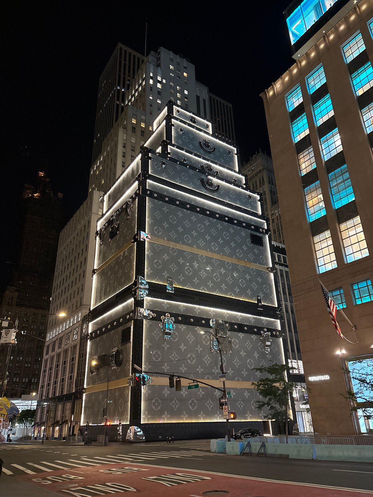 Louis Vuitton trunk installation illuminates NYC building facade