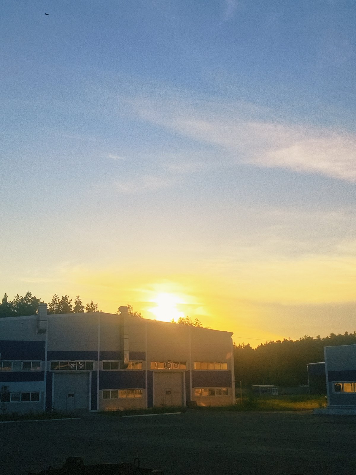Sunset scene documented in Noviy, Russia with dark objects