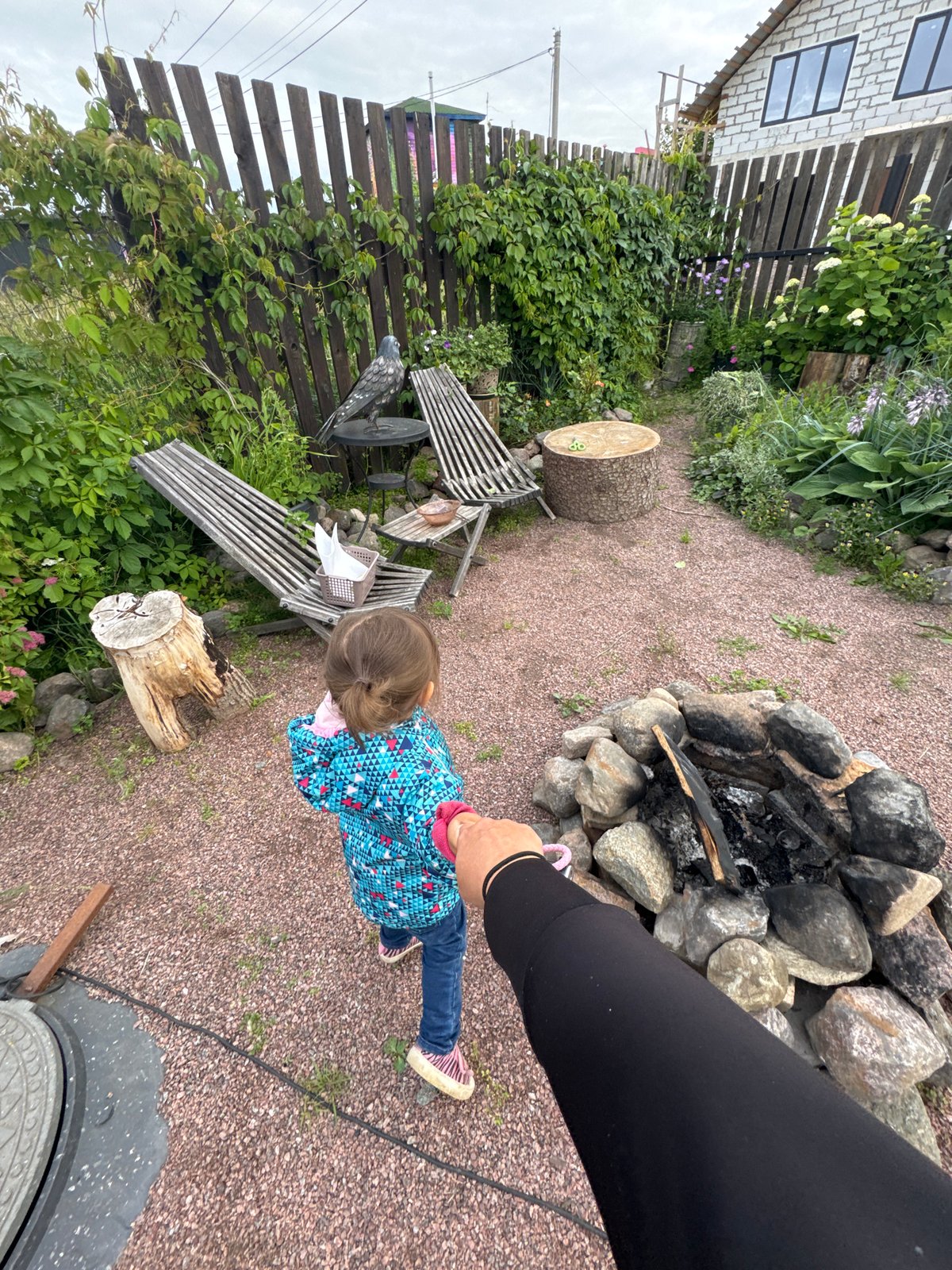 Two big dogs and a curious kid in a Kempelevo backyard