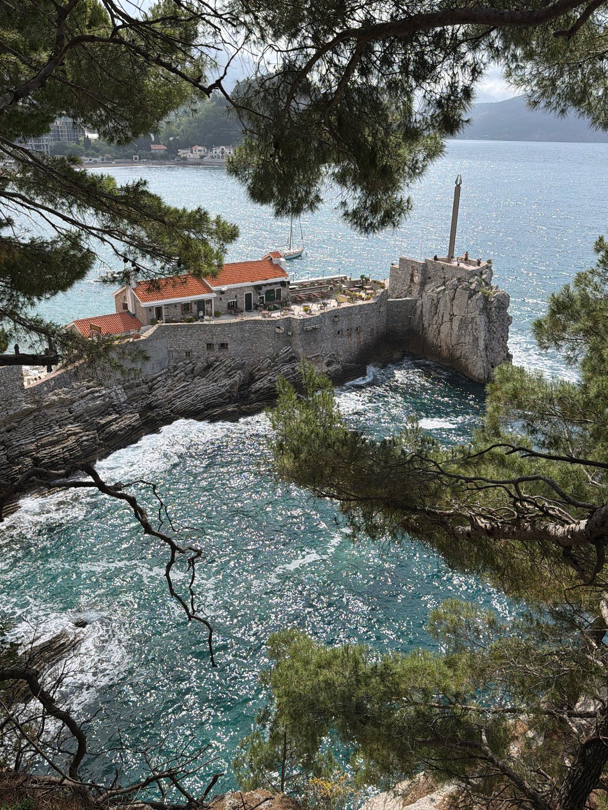 Woman and dog enjoy morning coastal view in Montenegro