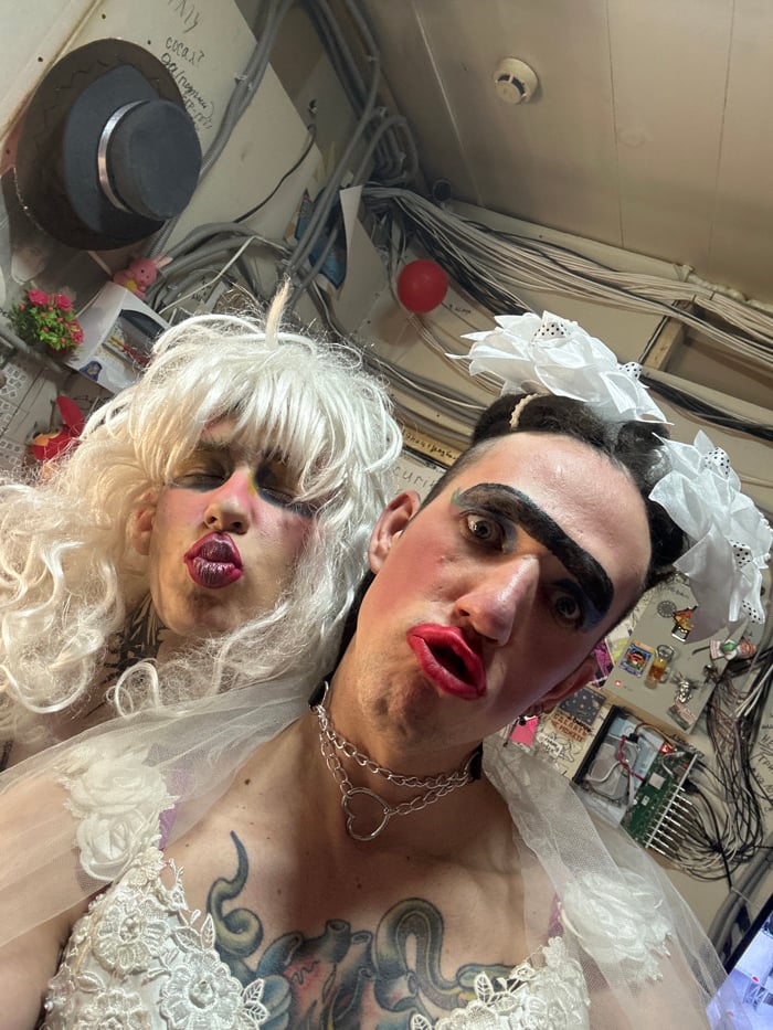 Drag performers prepare backstage in Saratov, Russia