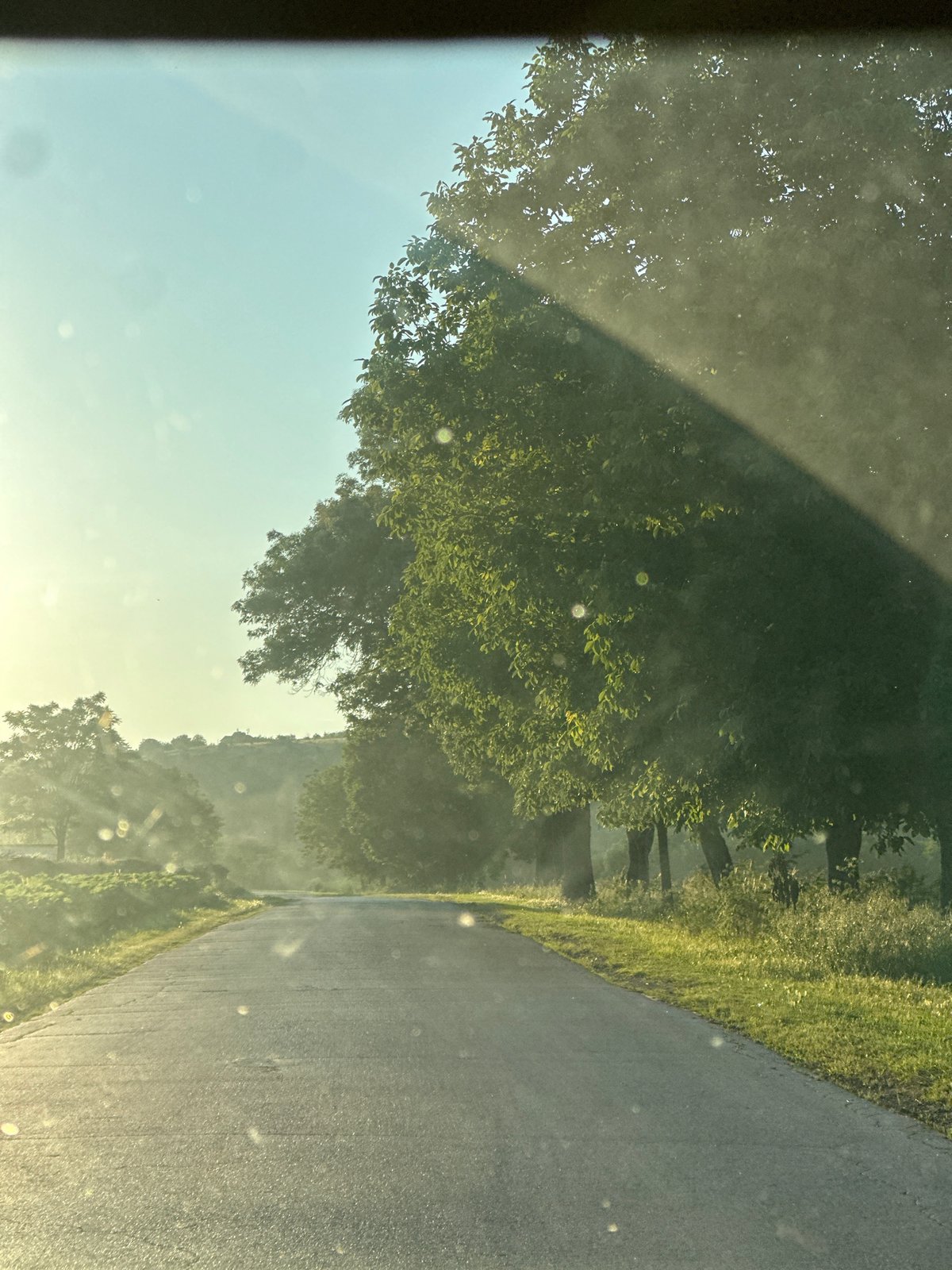 Road view captured from vehicle in Slavyani, Bulgaria