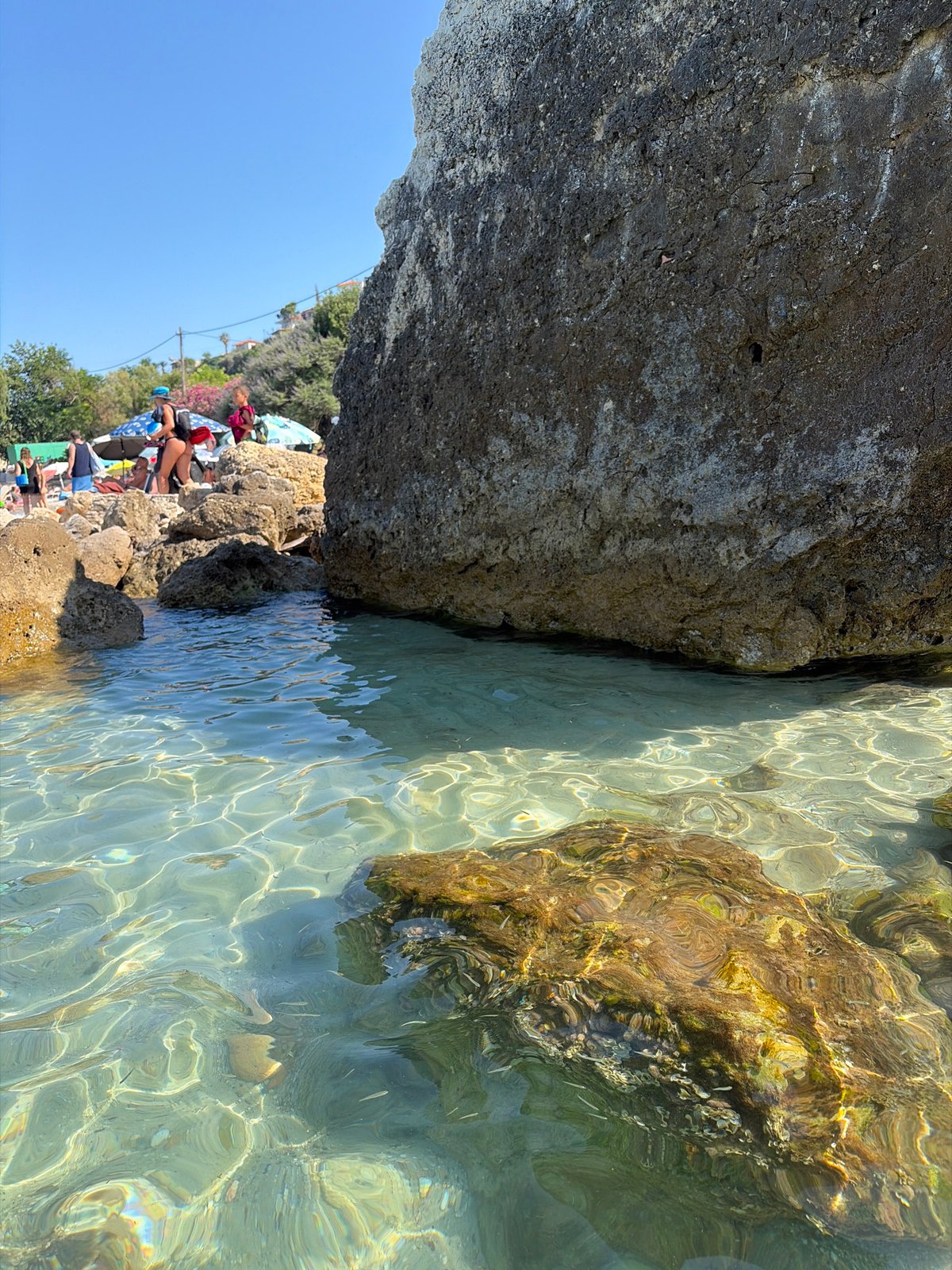 Sunny afternoon at a rocky Kassandra beach, Greece