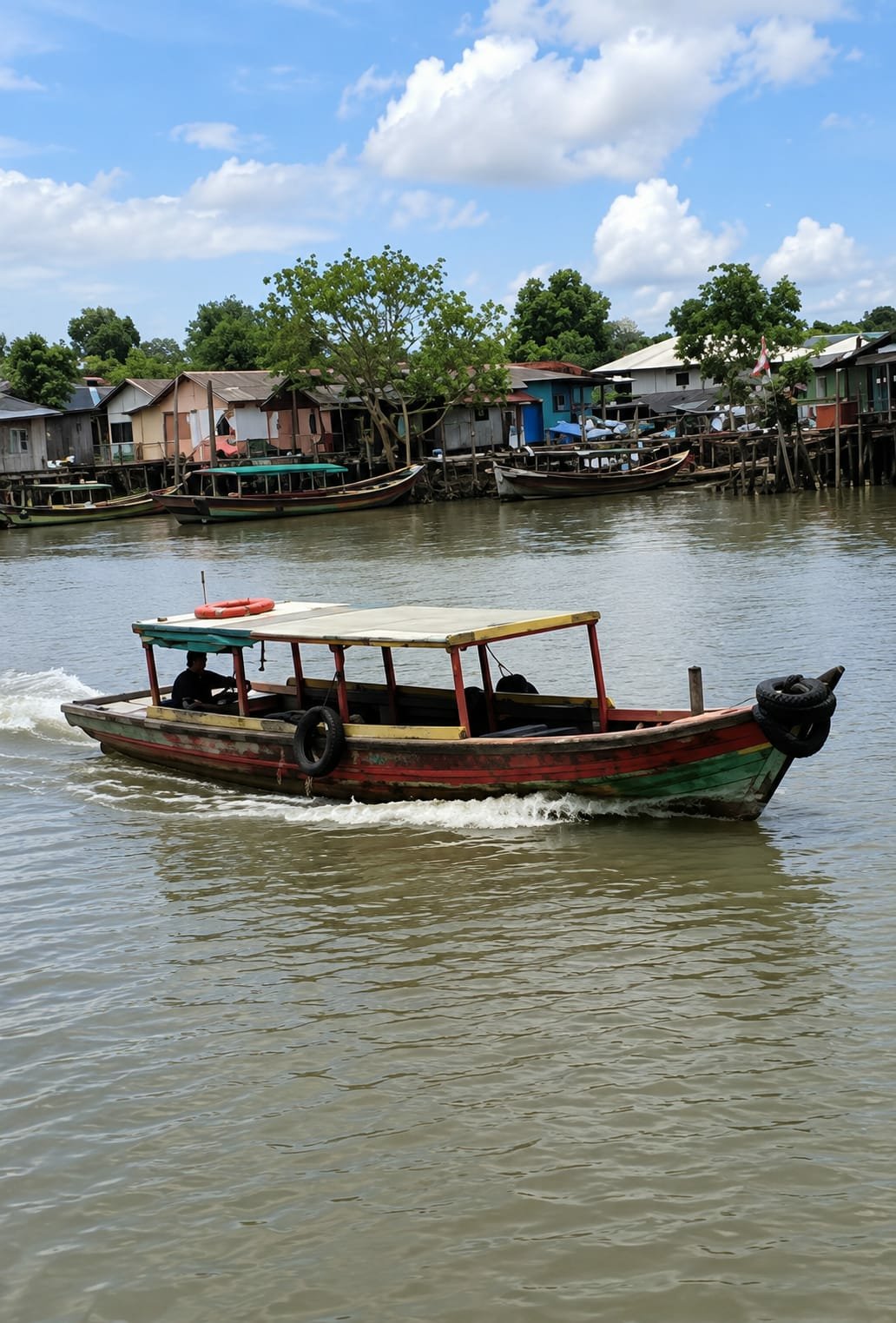Colorful wooden canal boat navigating a river in Medan
