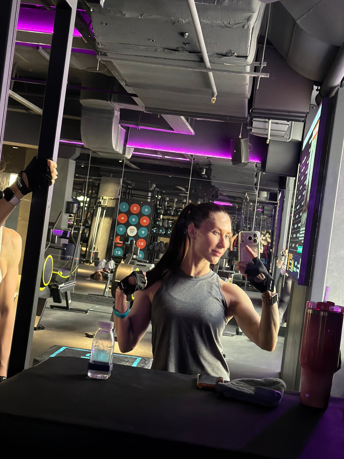 Woman documents morning workout with selfies at Perm gym