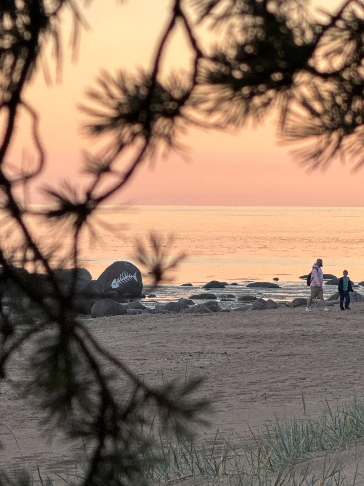Sunset beach evening in Peski: fire, shoreline, and painted rock