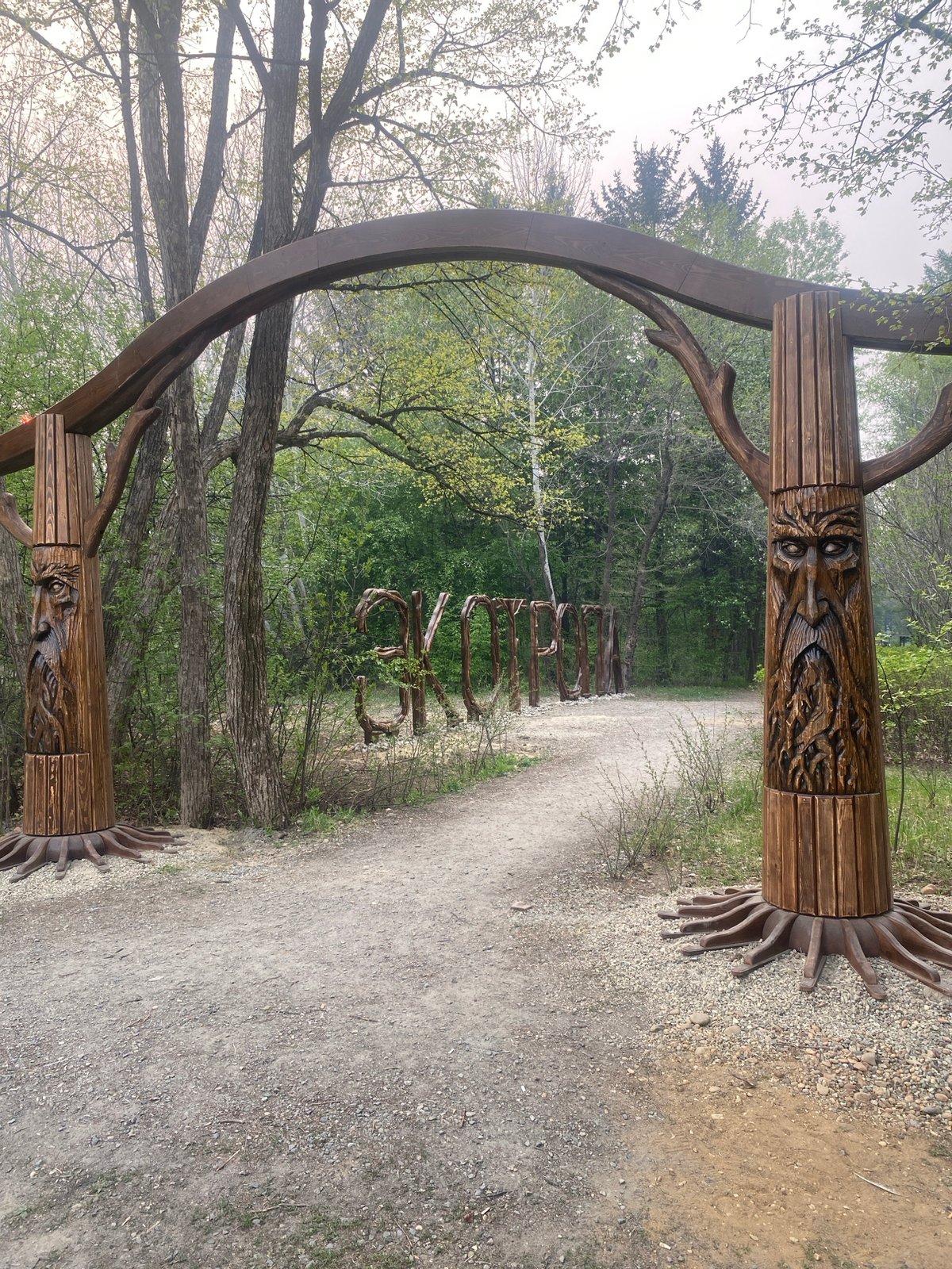 Morning forest park walk documented with sculptures and wildlife features