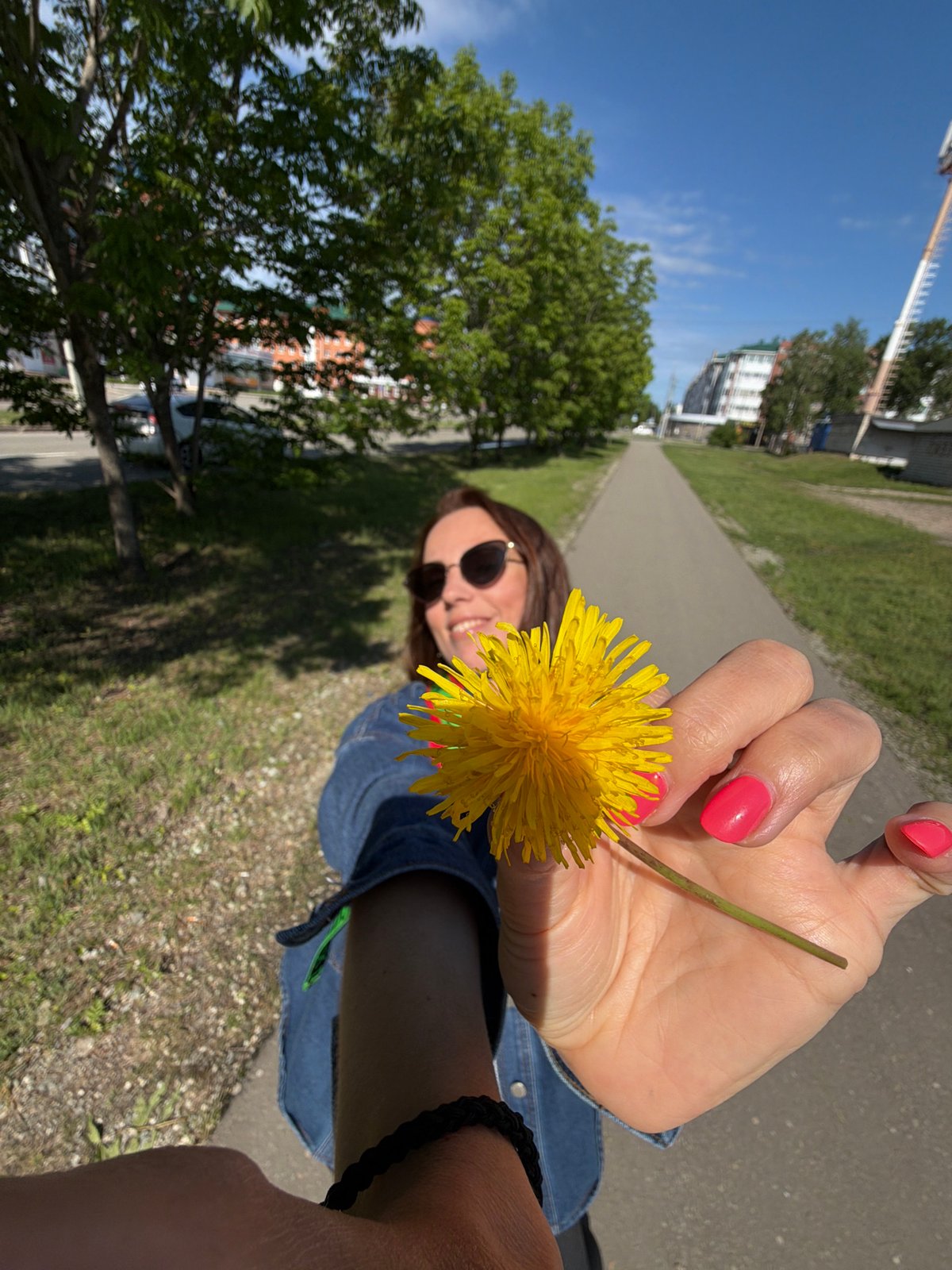 Woman enjoys dandelions during evening stroll in Birobidzhan