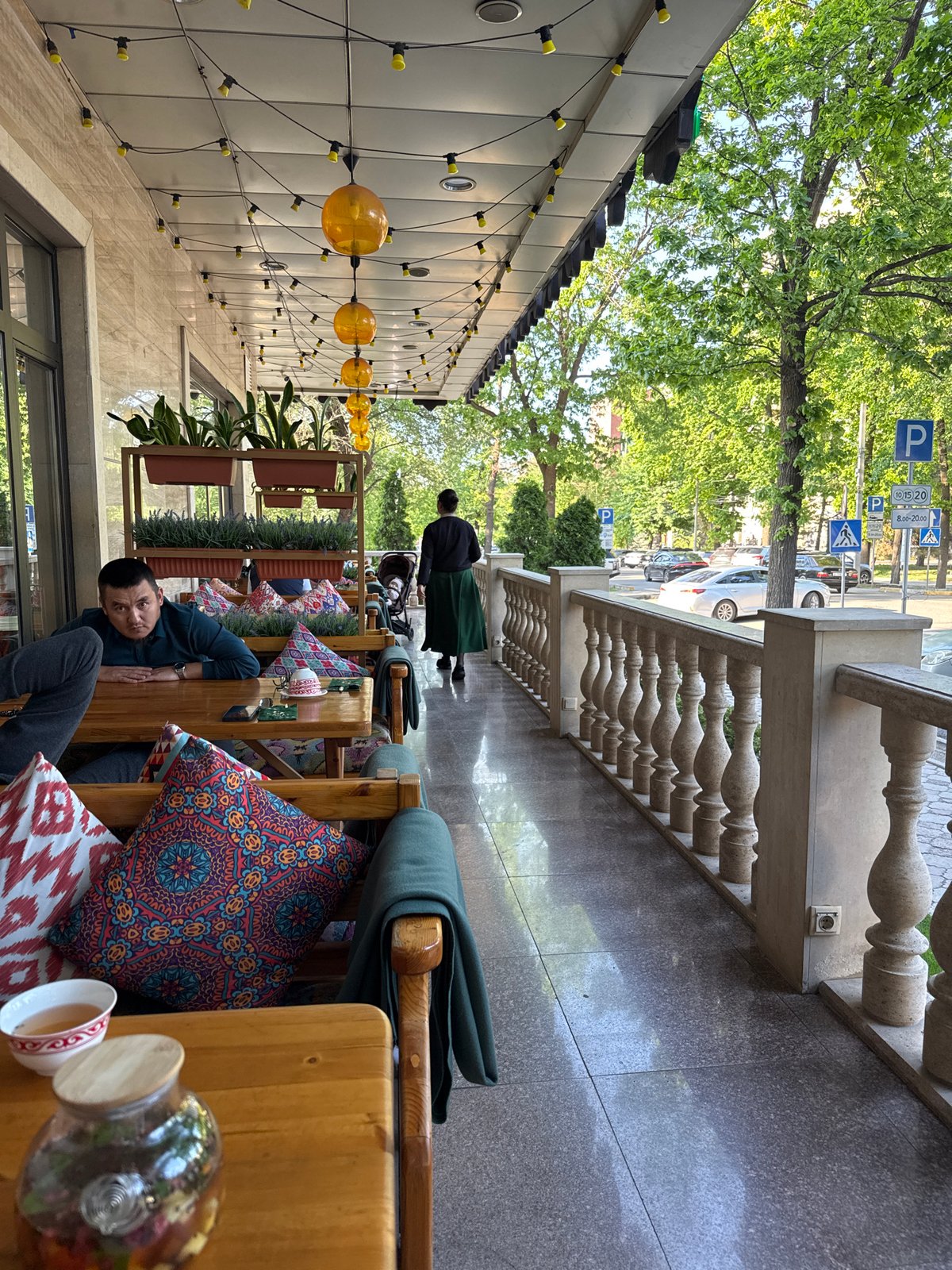 Afternoon tea service at Bishkek outdoor cafe terrace