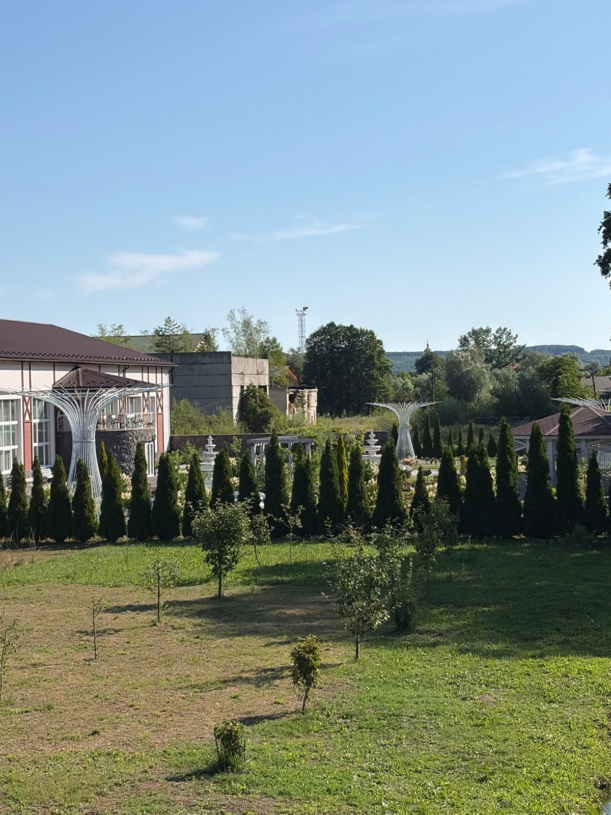 Sunny morning stroll through rural countryside with horses and greenery