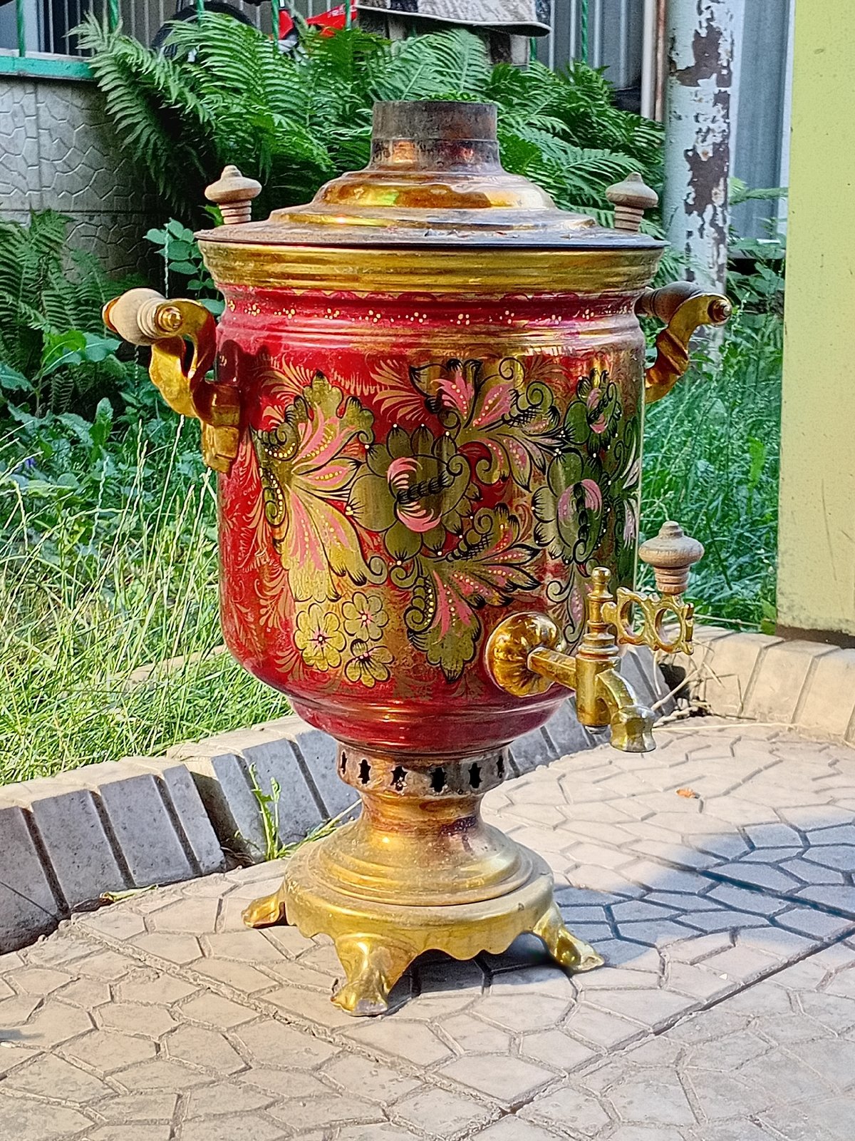 Outdoor dining setup with a samovar and stove, Almaty