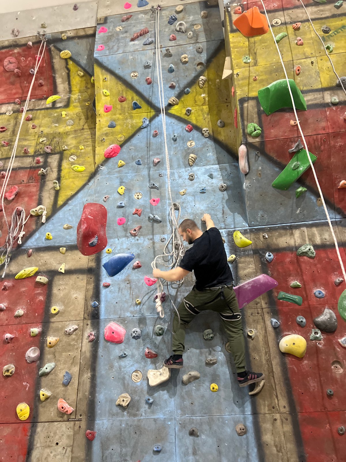 Indoor rock climbing session at gymnasium in Elena, Bulgaria