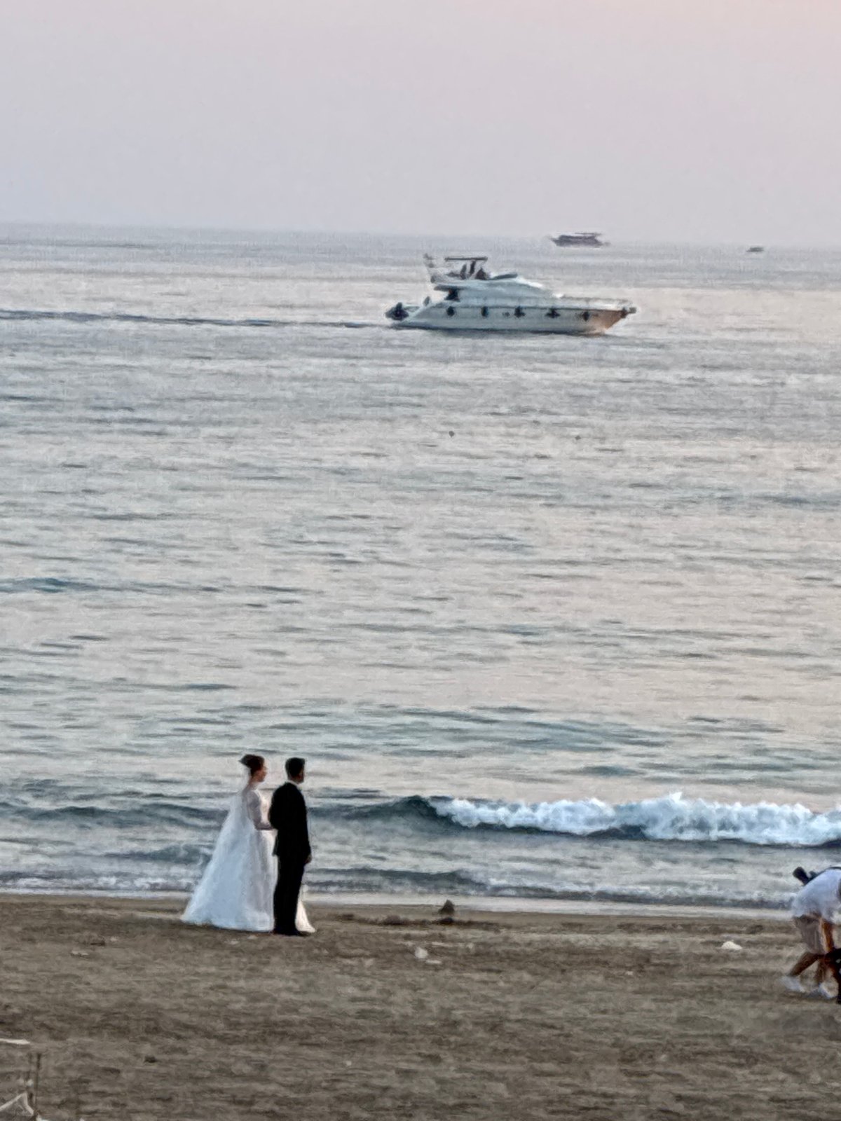 Beach wedding shoot in Alanya at sunset, drone overhead