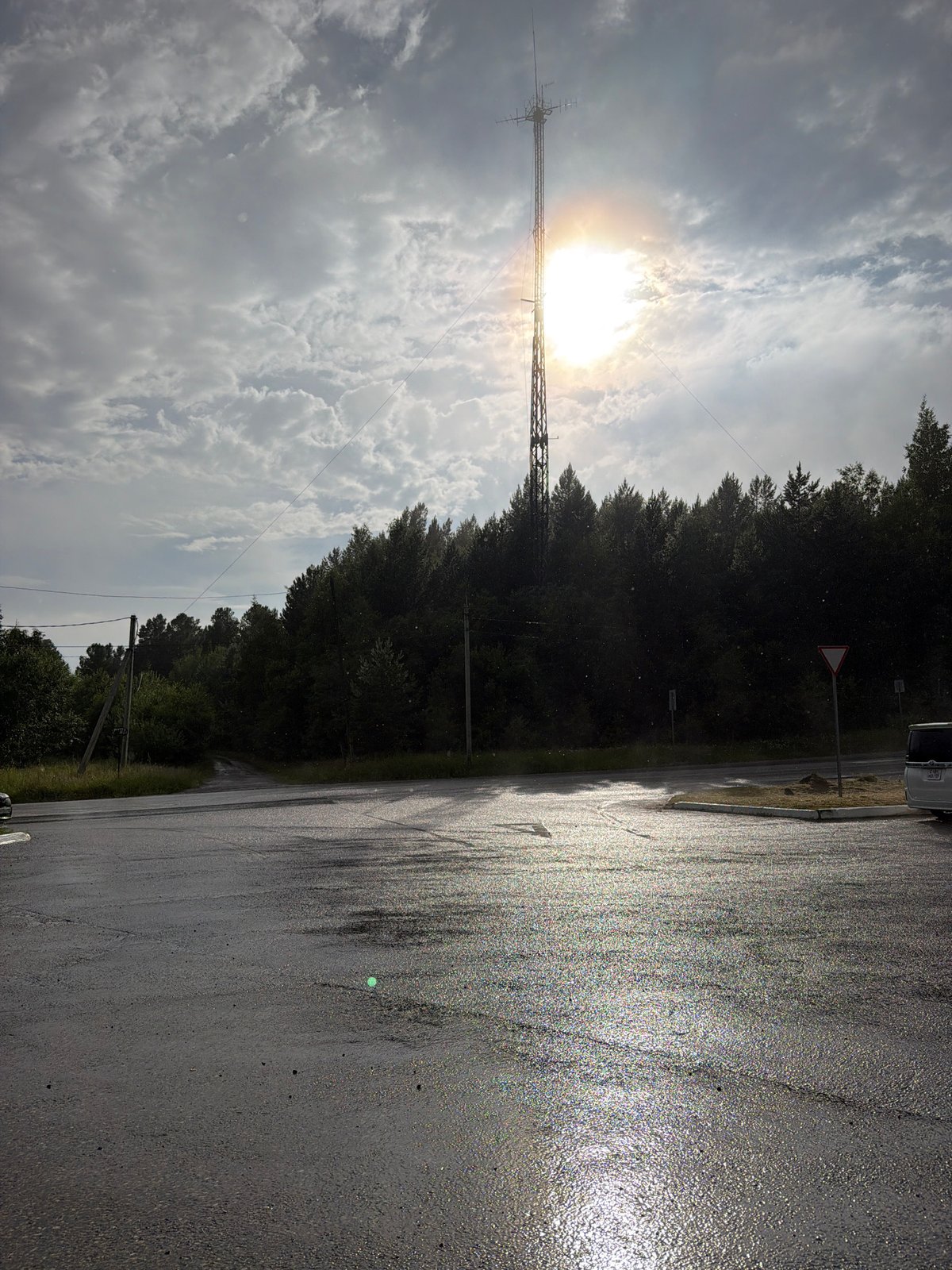 Transmission tower along a remote Russian roadside