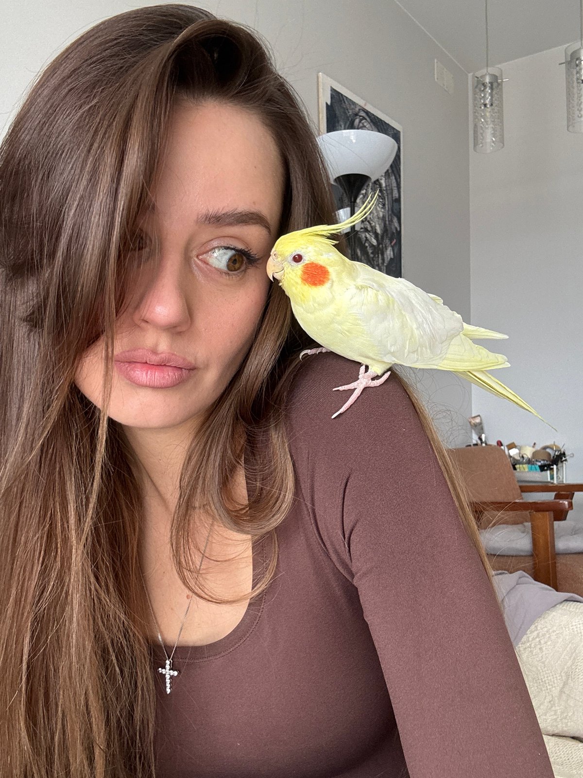 Woman bonds with pet cockatiel in Krasnoyarsk indoor session