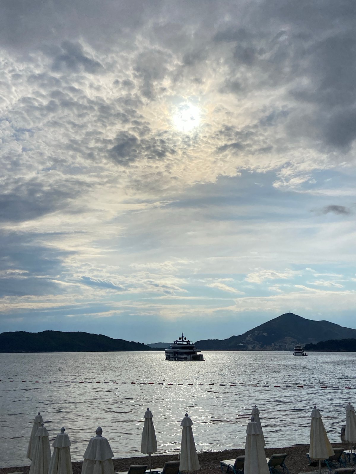 Quiet afternoon captured at Montenegro's Pržno beach under cloudy skies