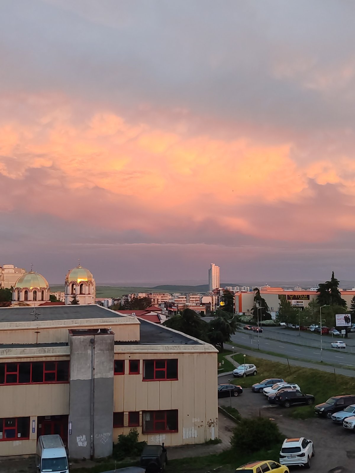 Sunset colors illuminate Burgas cityscape