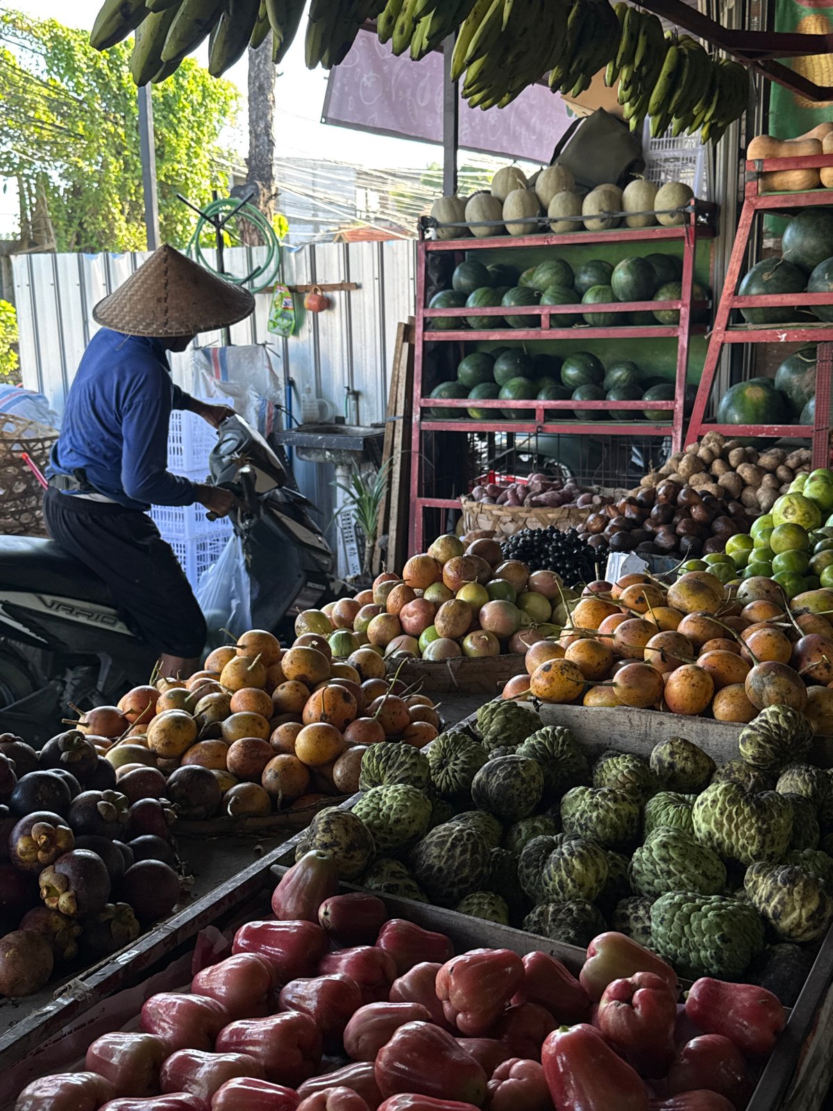 Vendor serves customers at North Kuta fruit stall
