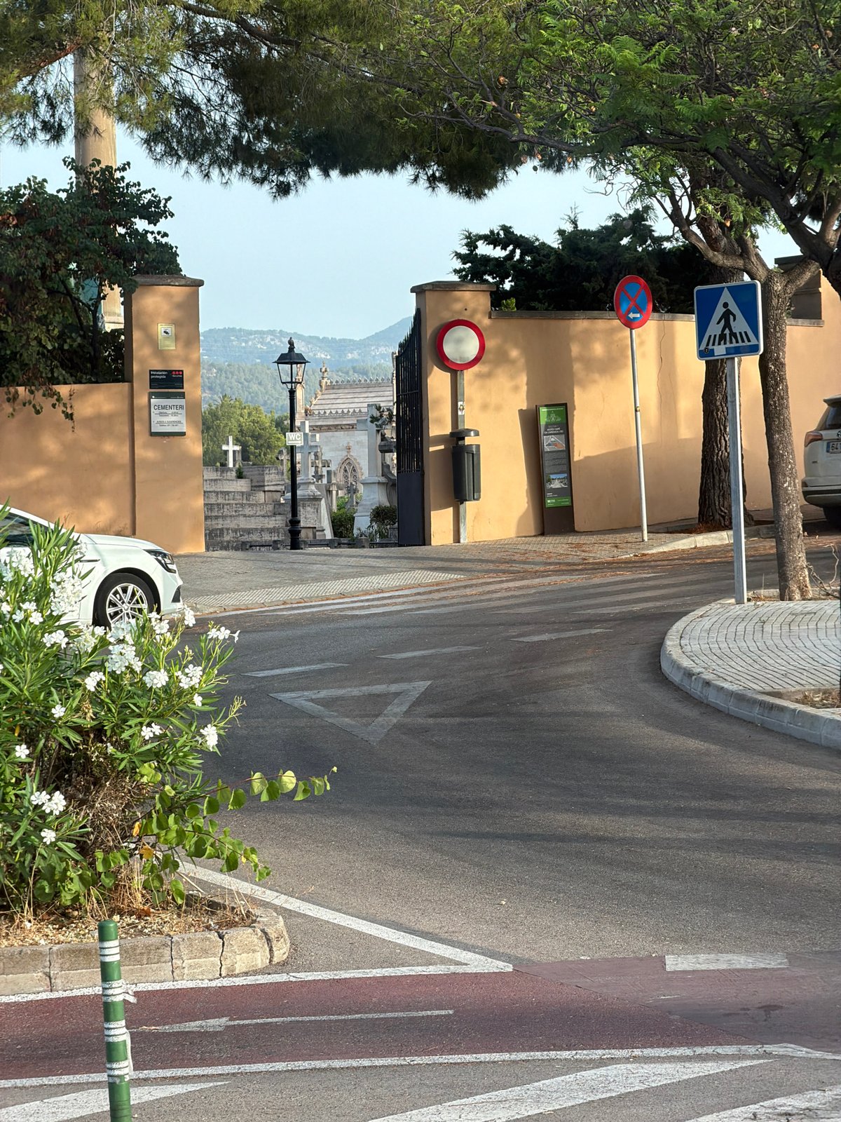 Cemetery entrance in Palma de Mallorca, framed by flowering bushes