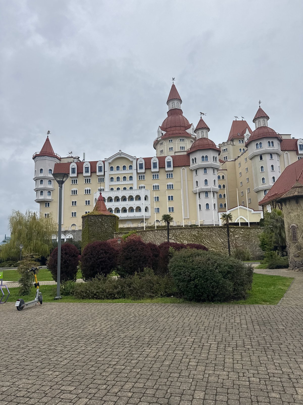 Castle-like building photographed in Sirius, Russia under overcast skies