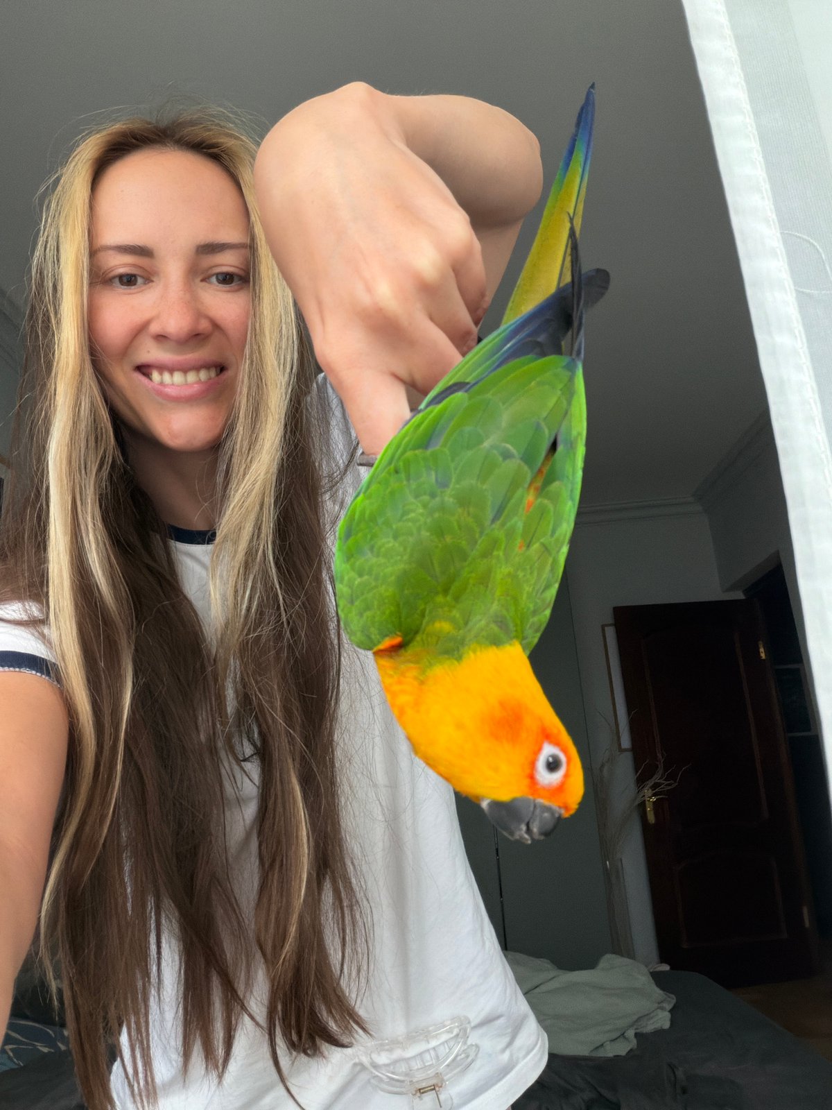 Woman and child play with colorful parrot in Khimki