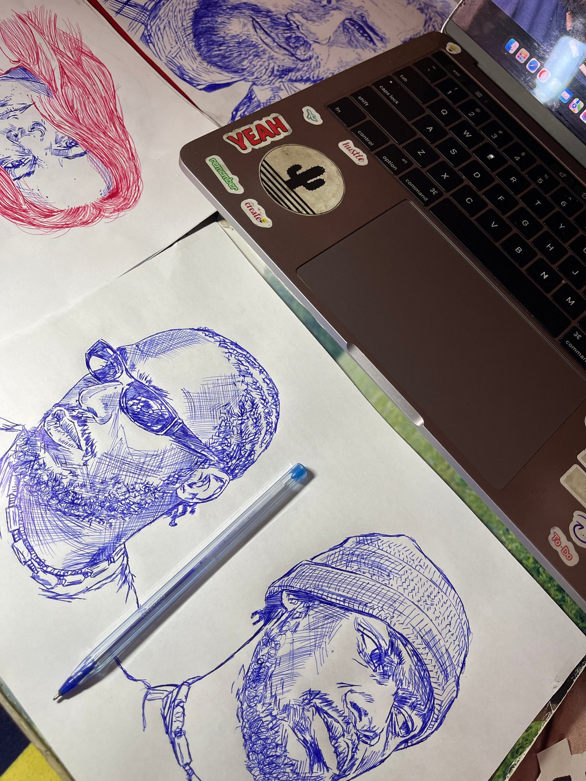 Ballpoint portrait sketched from a laptop reference in Jos